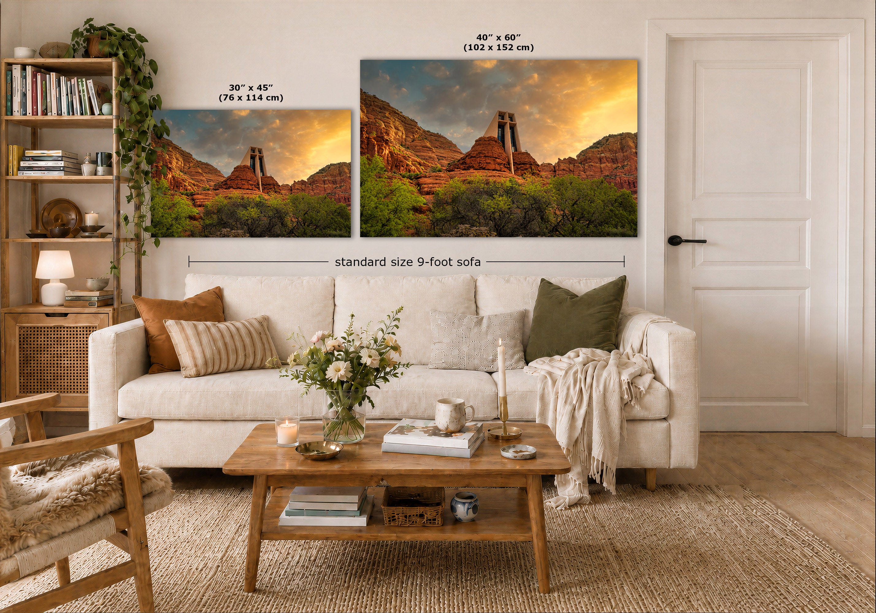 A styled living room showing two desert landscape wall art prints above a white sofa. The left print is labeled 30 x 45 inches, and the larger right print is labeled 40 x 60 inches, with text indicating standard size 9-foot sofa.