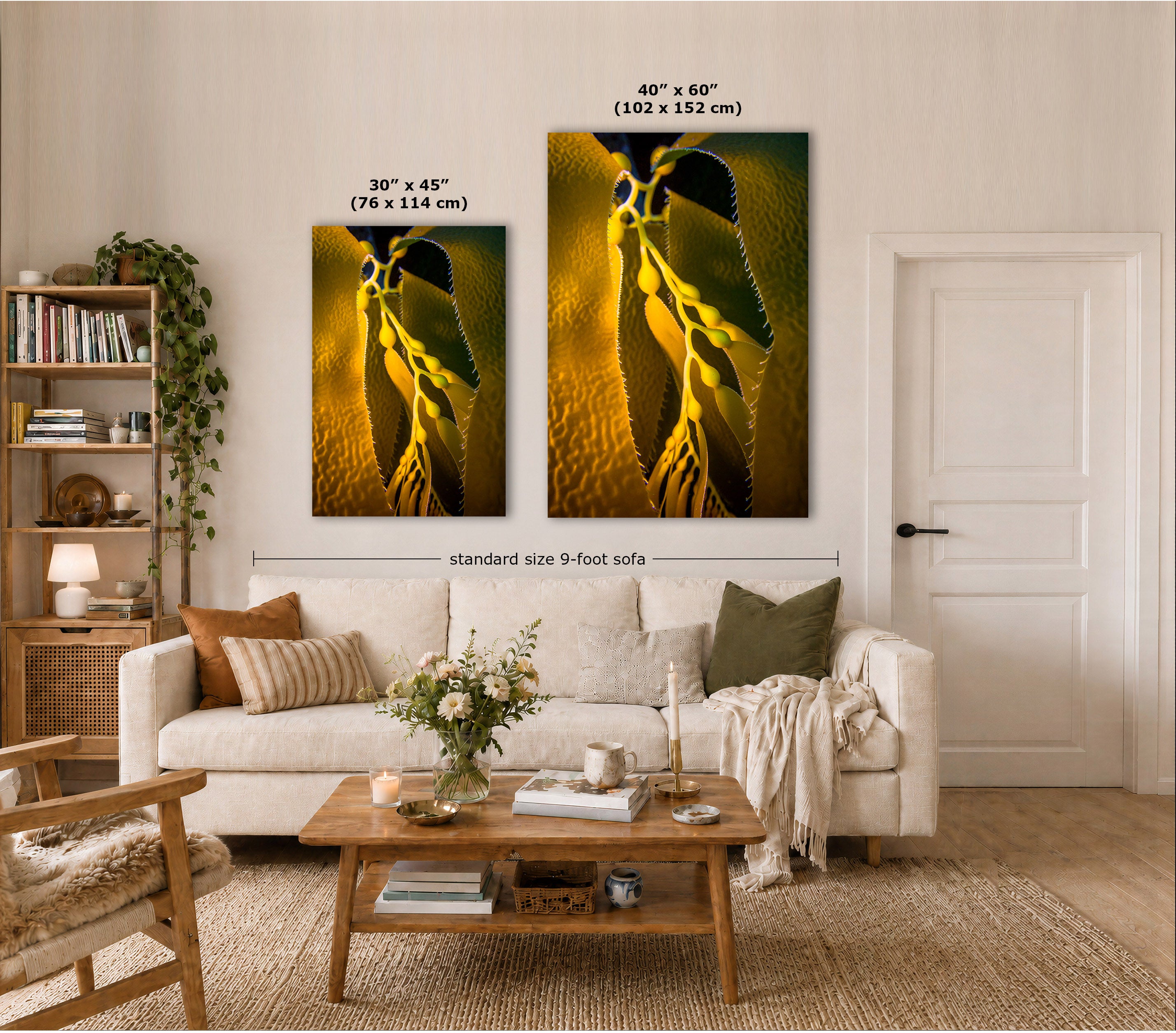 Two vertical wall art prints showing a close-up of California Giant Kelp displayed above a white sofa in a styled living room. Text labels indicate the sizes: 30" x 45" (76 x 114 cm) for the smaller print, 40" x 60" (102 x 152 cm) for the larger print, and standard size 9-foot sofa width below.