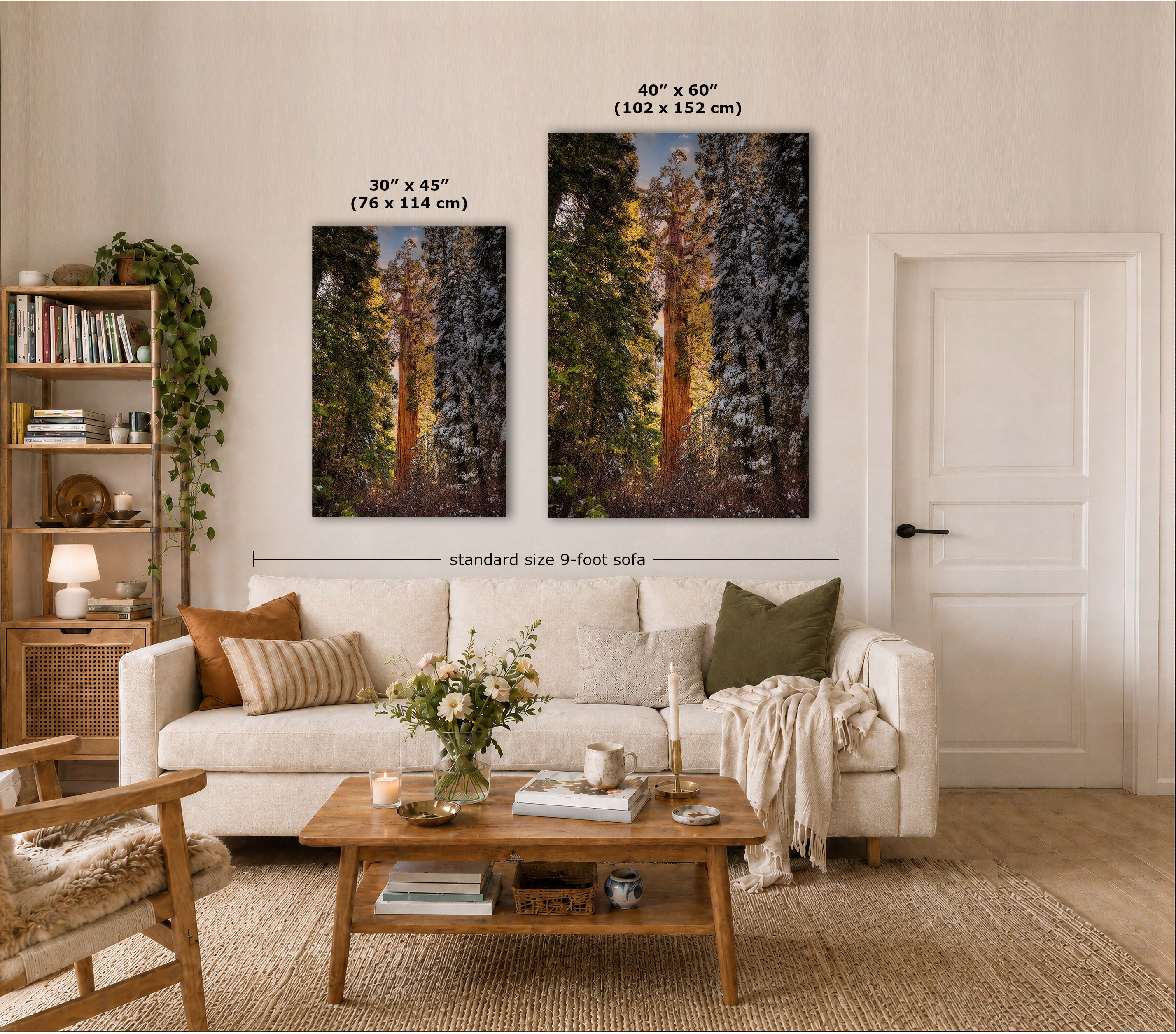 Two vertical framed wall art prints showing forest trees with warm golden light, displayed above a cream sofa in a styled living room. Black dimension lines and text indicate the sizes: 30 x 45 inches for the smaller print and 40 x 60 inches for the larger print.