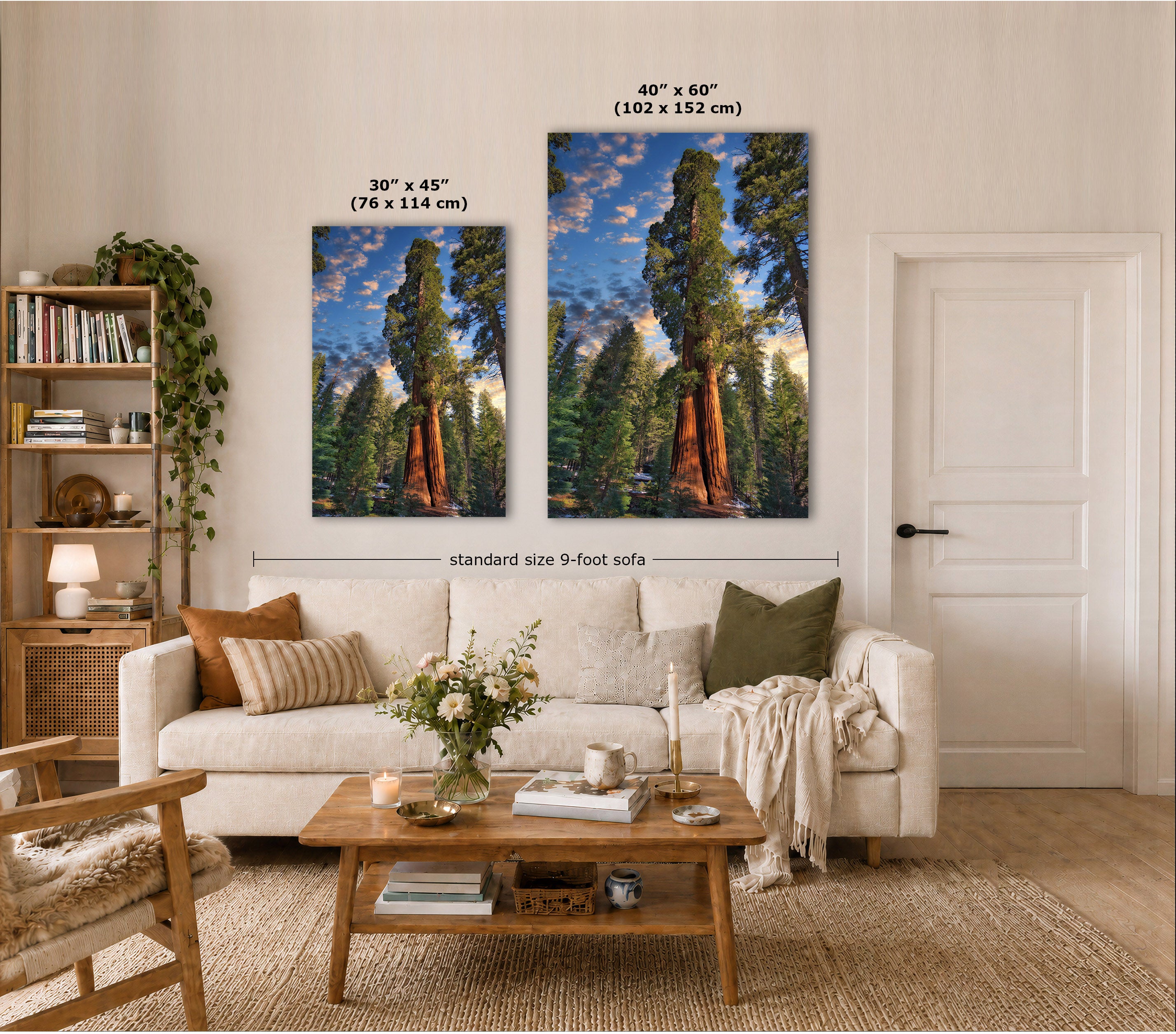 Two vertical canvas prints showing tall redwood trees in a forest, displayed above a white sofa in a styled living room. Text labels indicate the sizes 30" x 45" and 40" x 60" with standard size 9-foot sofa width reference.