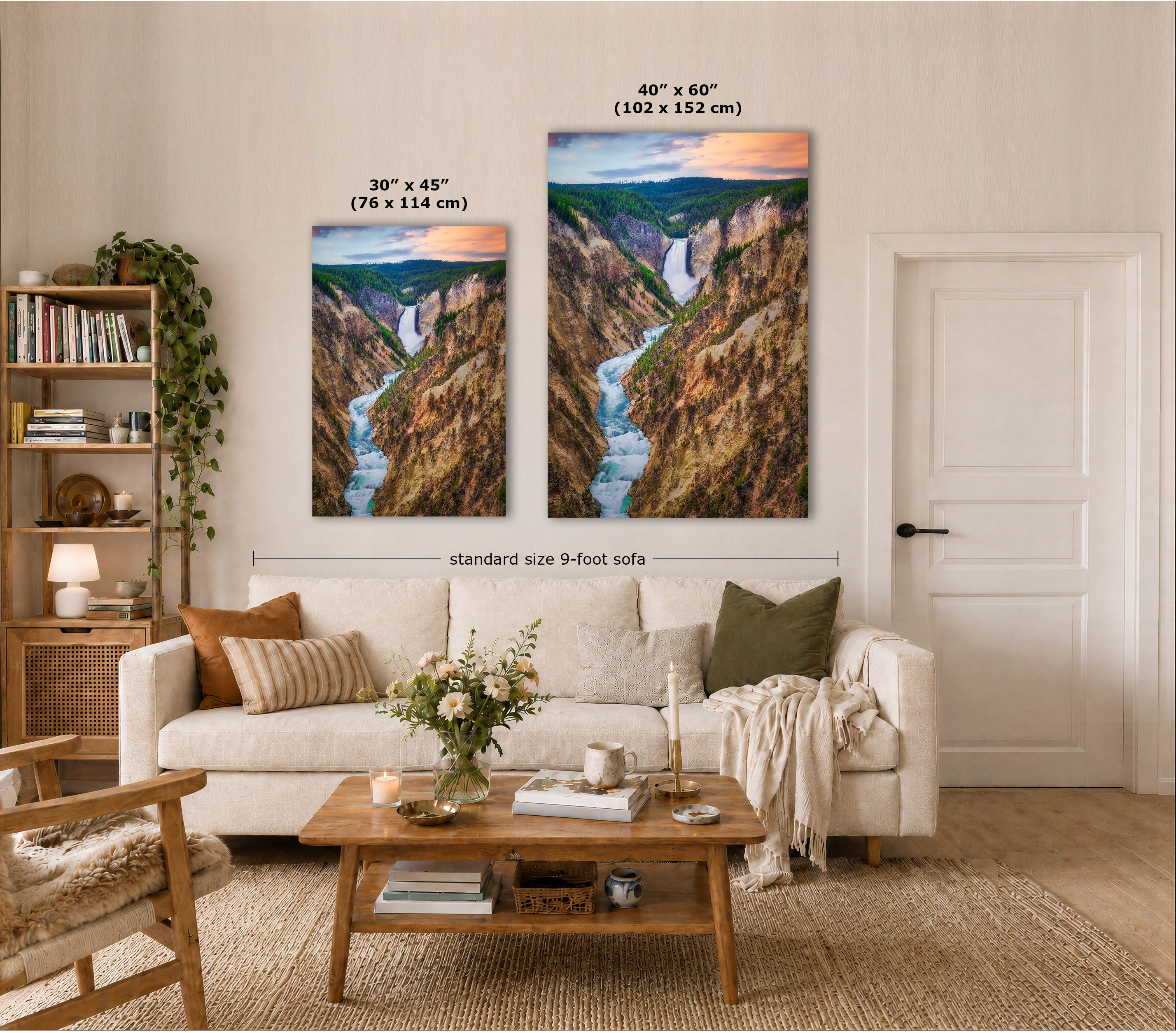 Two vertical canvas prints showing canyon and waterfall landscapes displayed above a white sofa in a styled living room. Text labels indicate the sizes of each print and a 9-foot sofa width below.