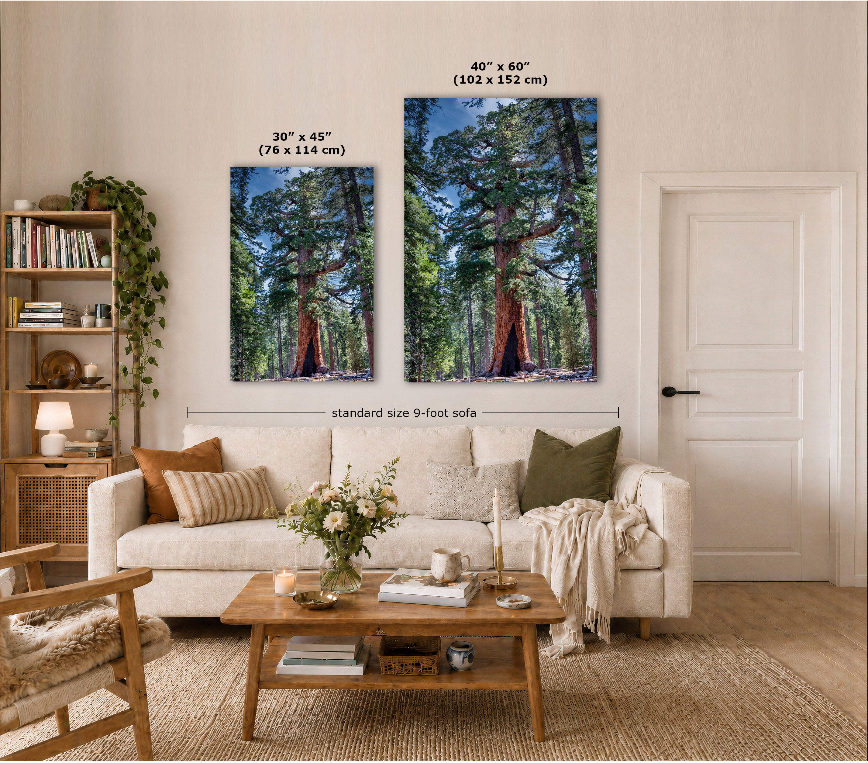 Two vertical canvas prints showing forest trees, displayed on a beige wall in a styled living room with a sofa, coffee table, and size labels overlaid.