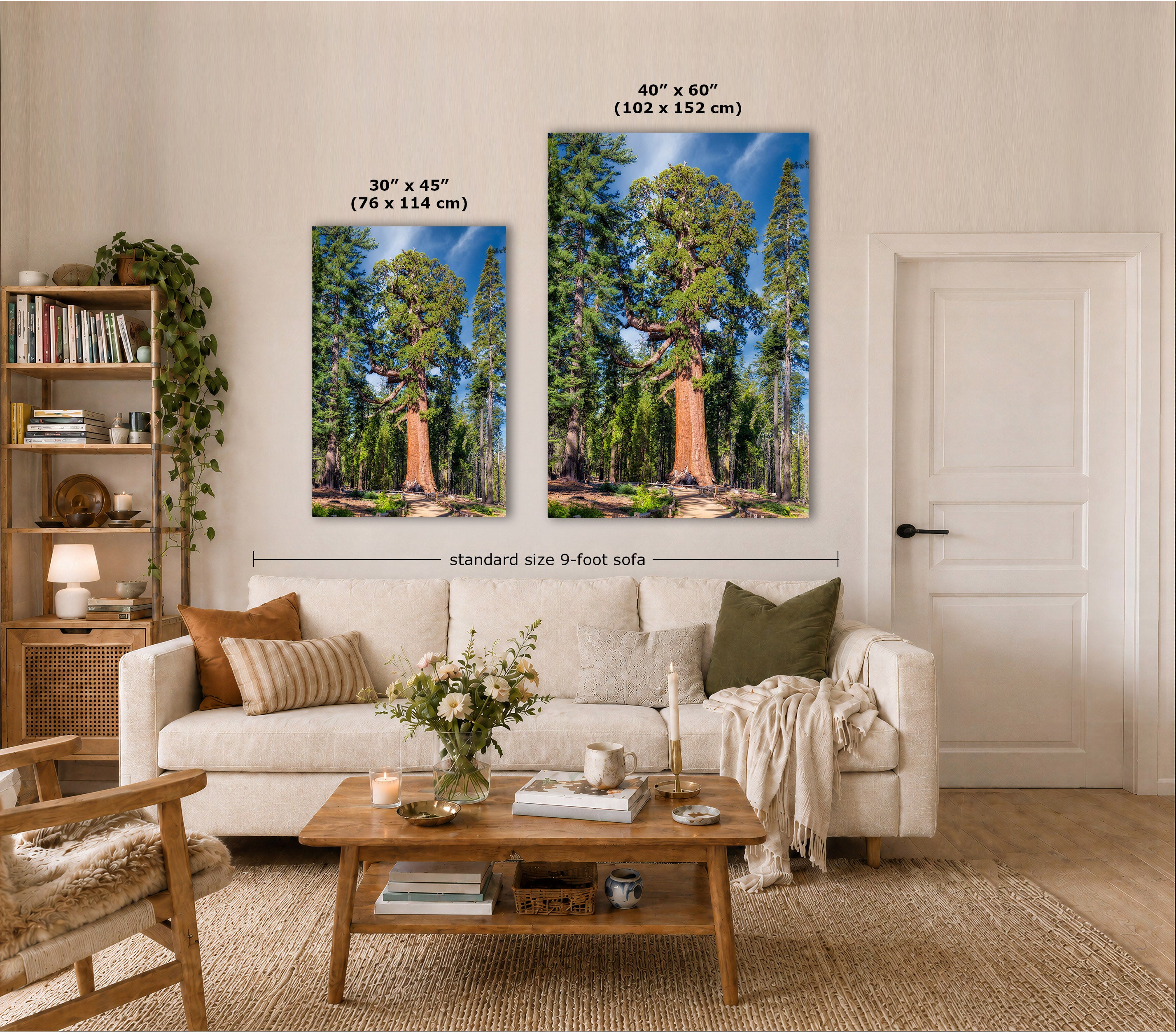 Two vertical prints showing a forest scene with tall trees and blue sky, displayed above a white sofa in a styled living room. White text labels indicate the sizes 30 x 45 inches for the smaller print, 48 x 60 inches for the larger print, and standard size 9-foot sofa spacing below.