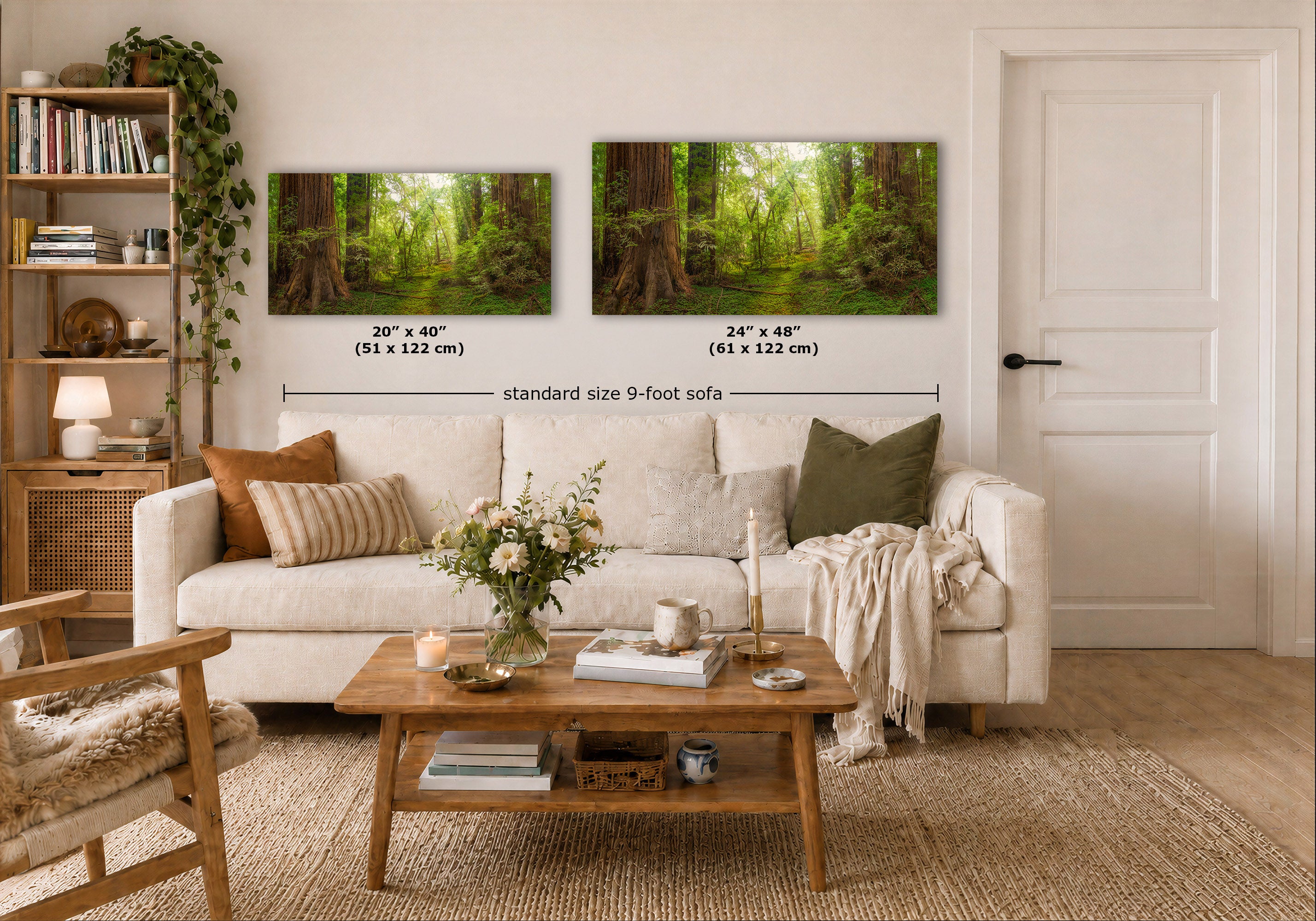 Two framed forest wall art prints displayed above a white sofa in a styled living room. The left print is labeled 20" x 40" (51 x 122 cm) and the right print is labeled 24" x 48" (61 x 122 cm), with a dimension line across both reading standard size 9-foot sofa.