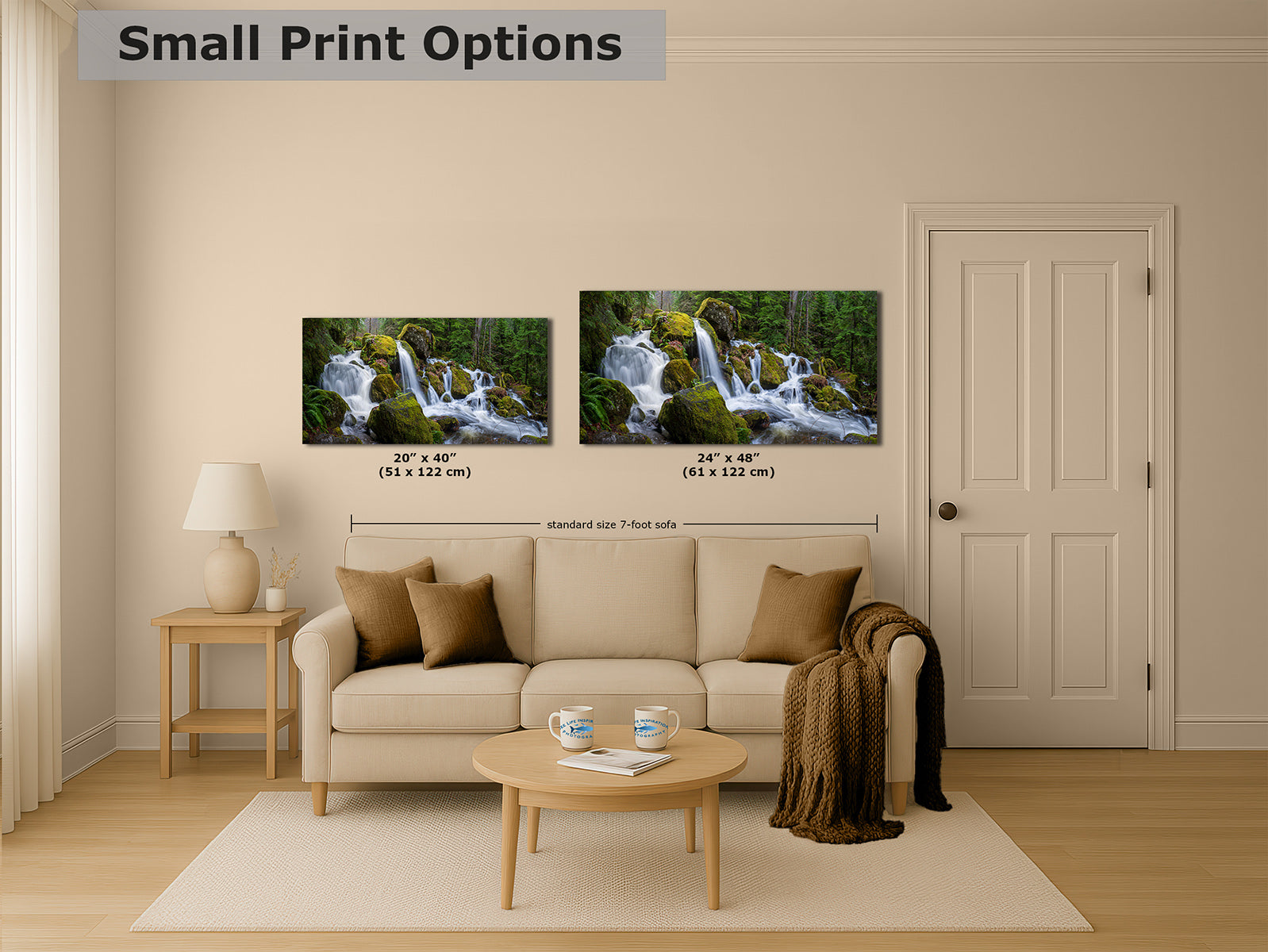A staged living room showing two framed wall art prints above a sofa, with text reading 'Small Print Options' and size labels for two print sizes. The room includes a beige sofa, side table, lamp, coffee table, rug, door, and wood floor.