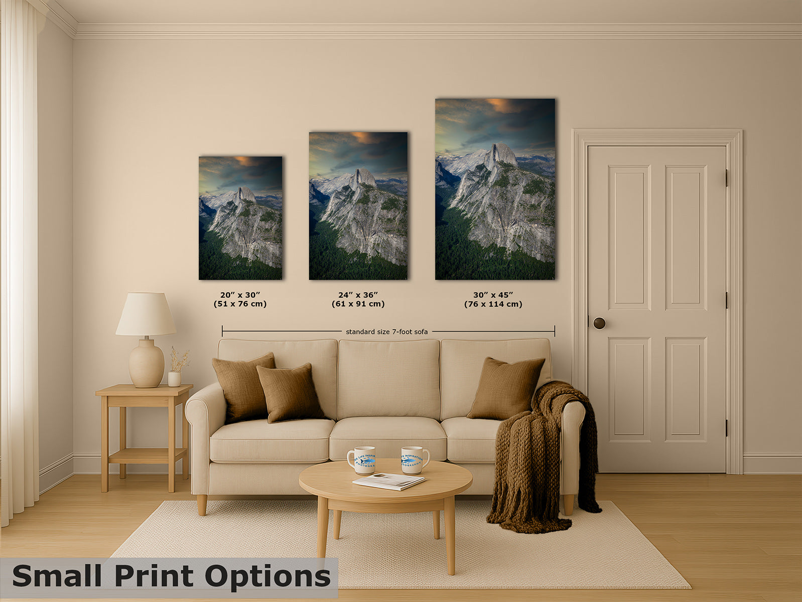Three framed mountain landscape prints of Half Dome in Yosemite are displayed above a beige sofa in a styled living room. The image includes size labels for the prints and a text overlay reading 'Small Print Options' at the bottom left.