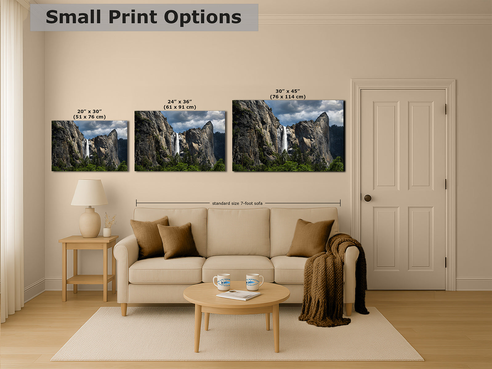 A staged living room showing three framed wall art prints of Yosemite's Bridalveil Falls above a sofa, with overlaid size labels for the prints and a banner reading 'Small Print Options.'
