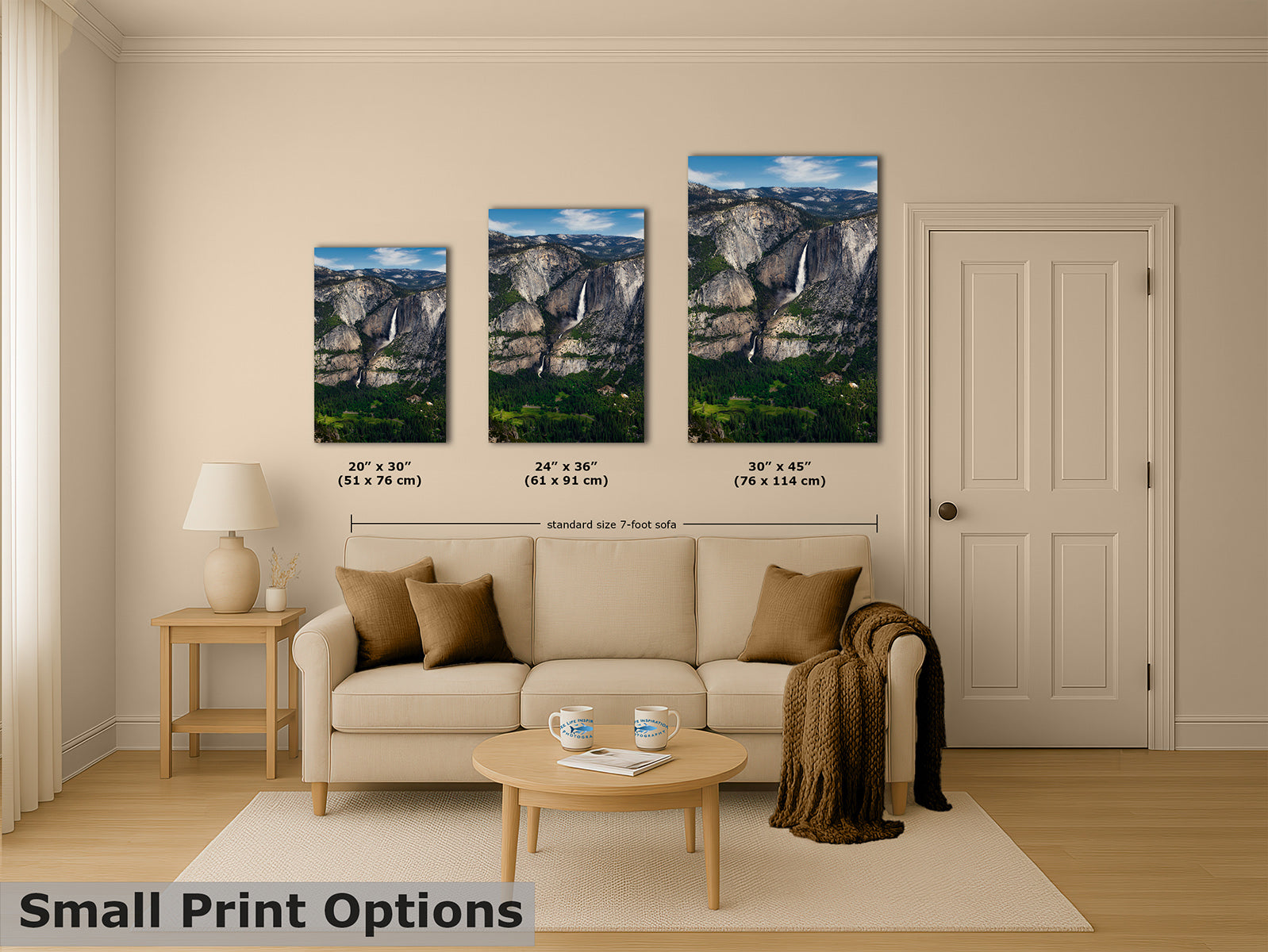 Three vertical wall decor prints depicting a Yosemite Falls mountain waterfall landscape, displayed above a beige sofa in a styled living room. The image includes size labels for the prints and a text overlay at the bottom reading 'Small Print Options'.