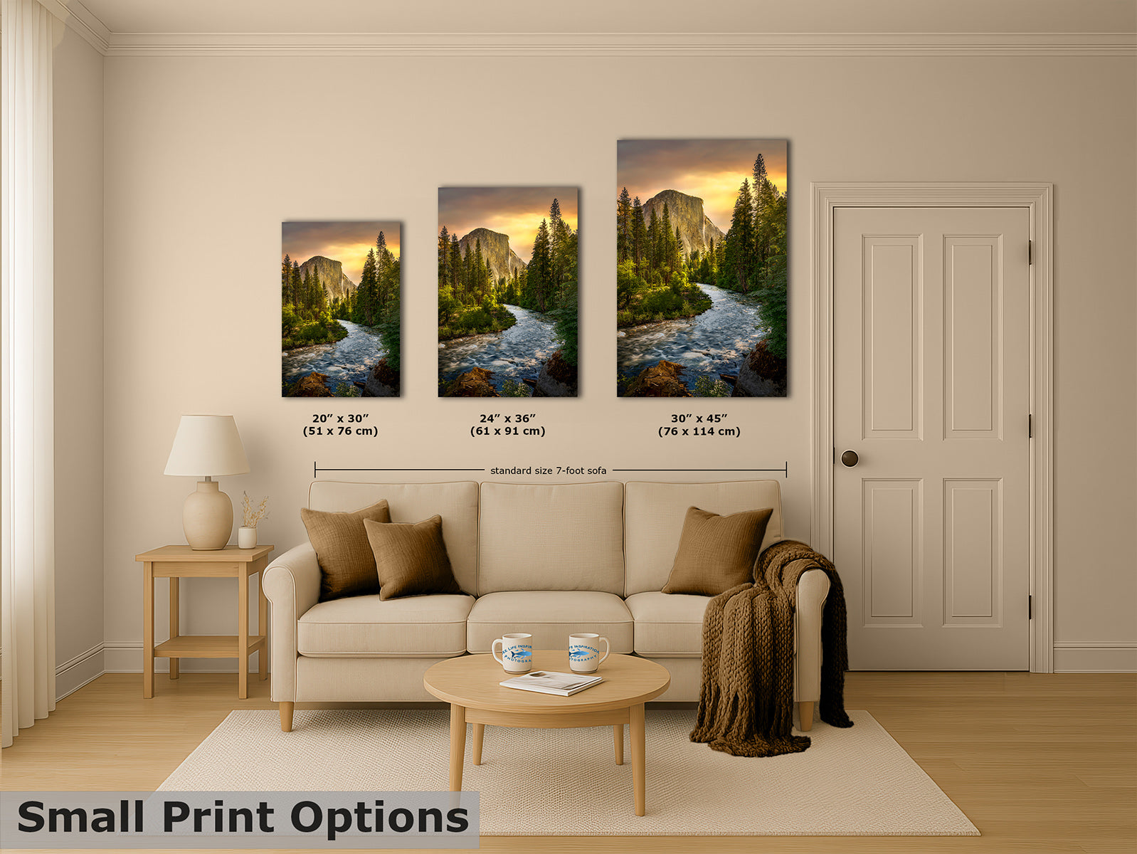 Three wall art prints showing a Yosemite mountain river landscapes, displayed above a beige sofa in a styled living room. The prints include size labels and the text 'Small Print Options' appears at the bottom left.