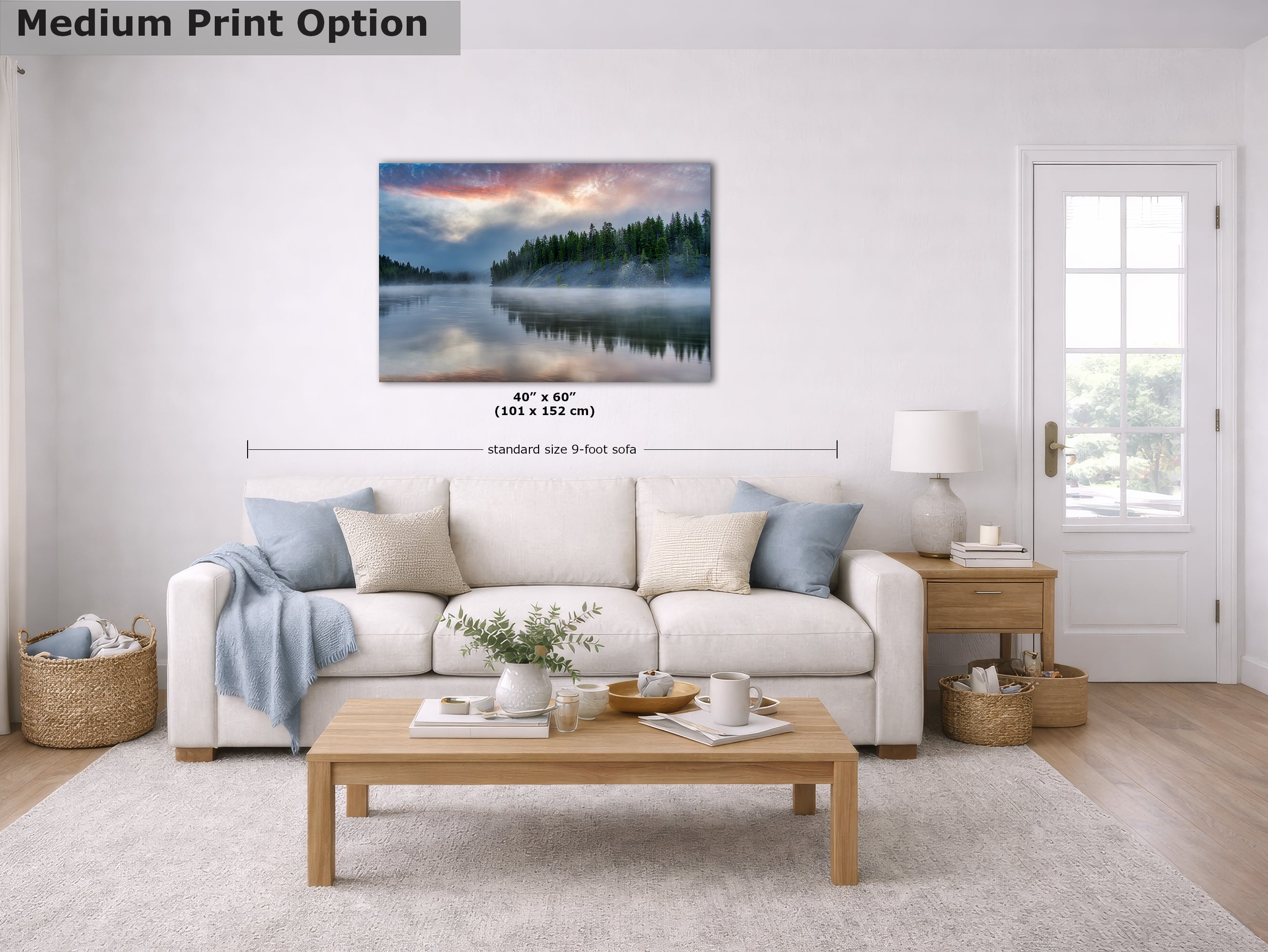 Yellowstone Lake Foggy Forest Picture, Reflection Nature Photo, Wyoming Landscape Relaxation Artwork for Meditation, Office & Home Decor