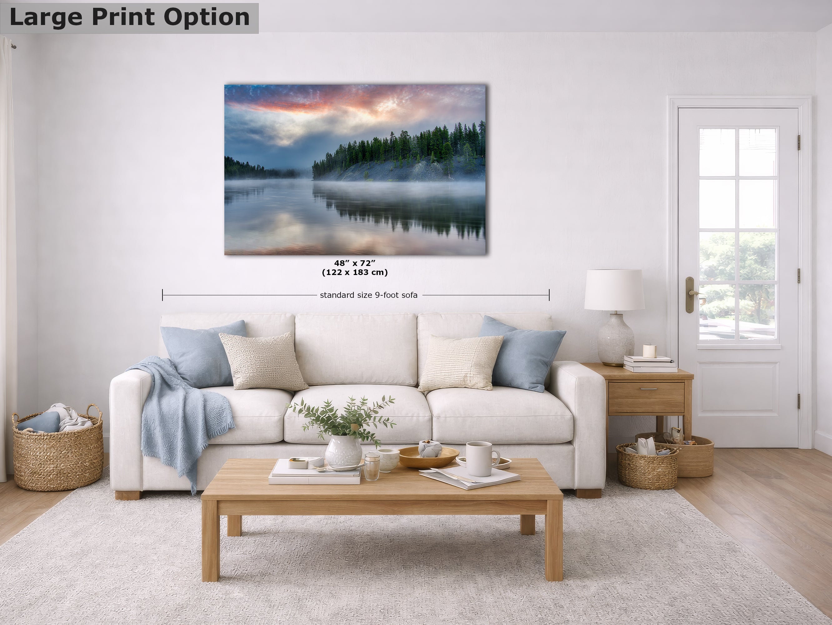 Yellowstone Lake Foggy Forest Picture, Reflection Nature Photo, Wyoming Landscape Relaxation Artwork for Meditation, Office & Home Decor