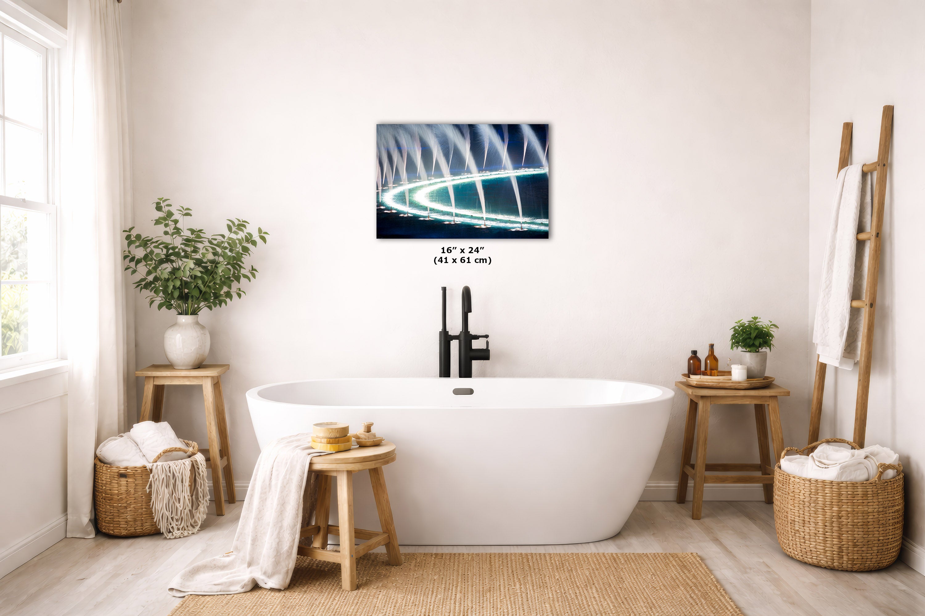 A modern freestanding bathtub in a bright, neutral-toned bathroom, with a framed wall art print above it showing glowing curved light lines in blue, white, and black. The print includes size text reading 16 x 24 inches (41 x 61 cm).