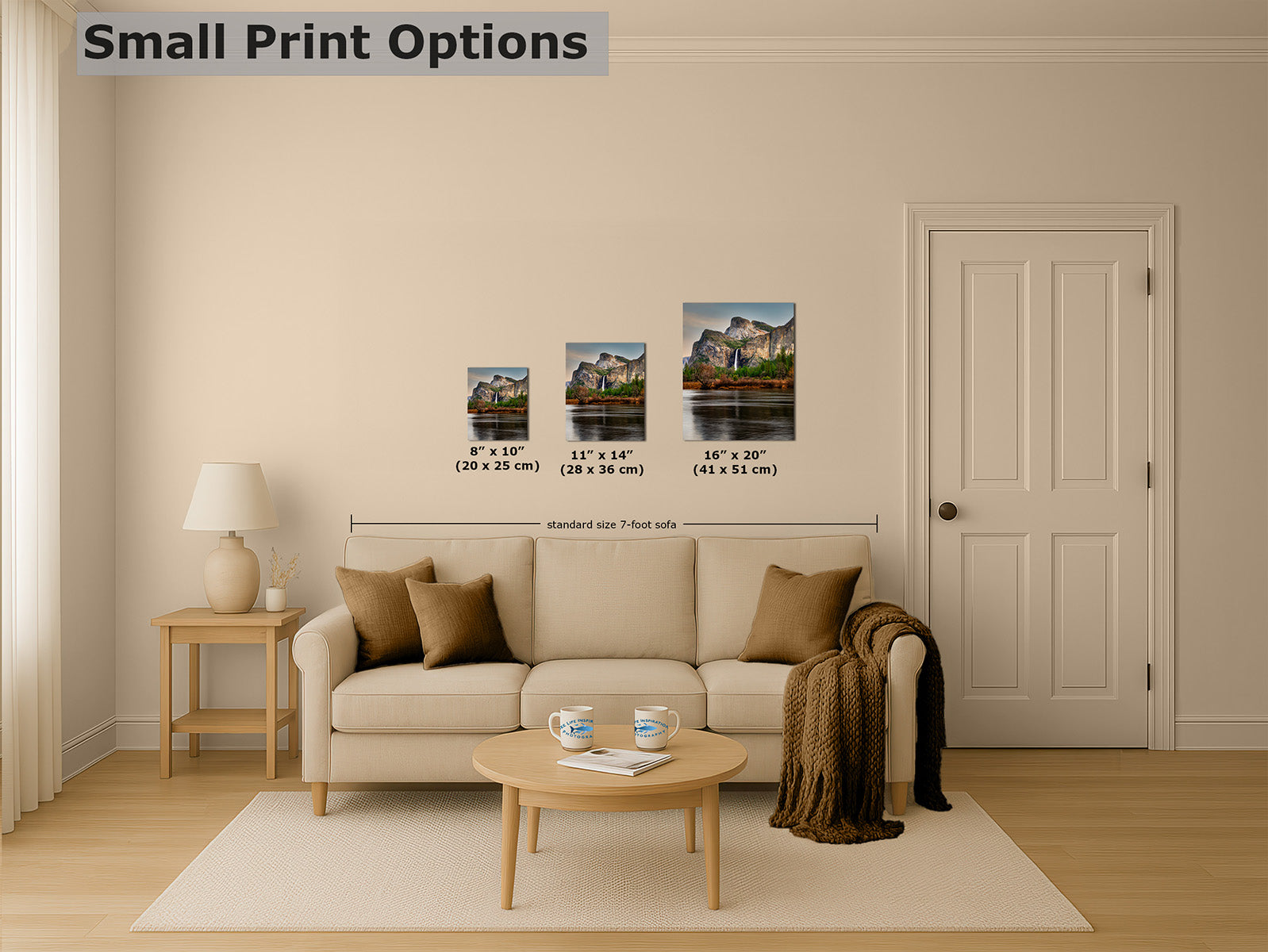 Small print size options of Yosemite Valley fine art nature photography displayed above a sofa in a neutral living room