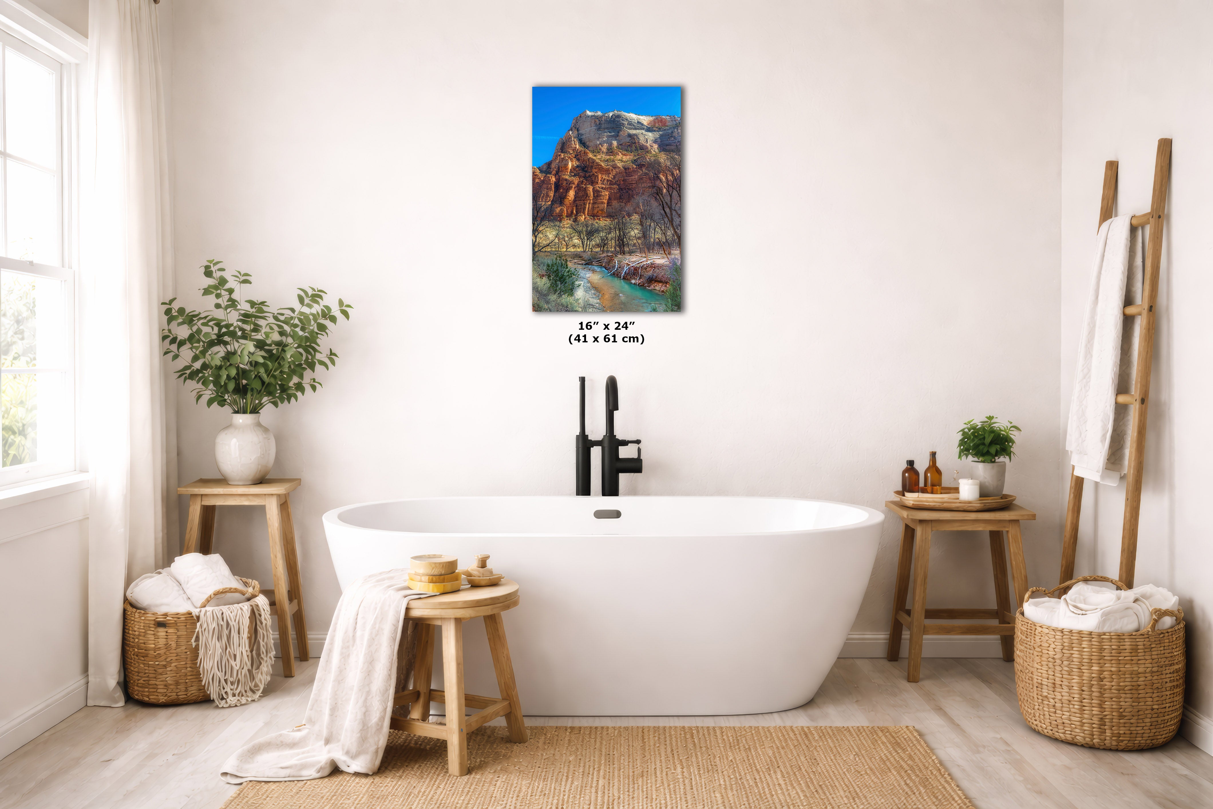 A wall art print depicting a desert canyon landscape with red rock cliffs and blue sky, displayed above a white freestanding bathtub in a bright, neutral bathroom. The print includes size text reading 16 x 24 in (41 x 61 cm).