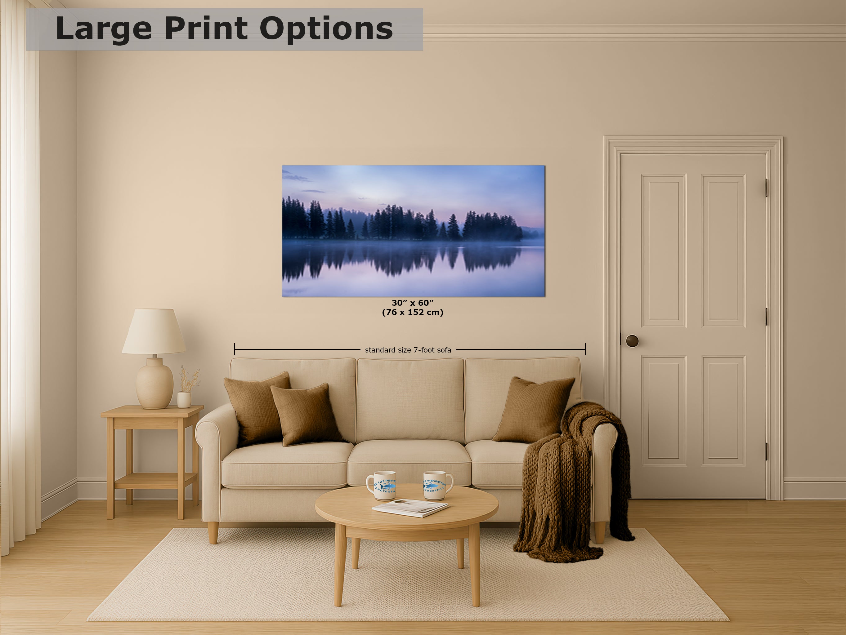 Yellowstone Lake Foggy Forest Picture, Reflection Nature Photo, Wyoming Landscape Relaxation Artwork for Meditation, Office, & House Decor