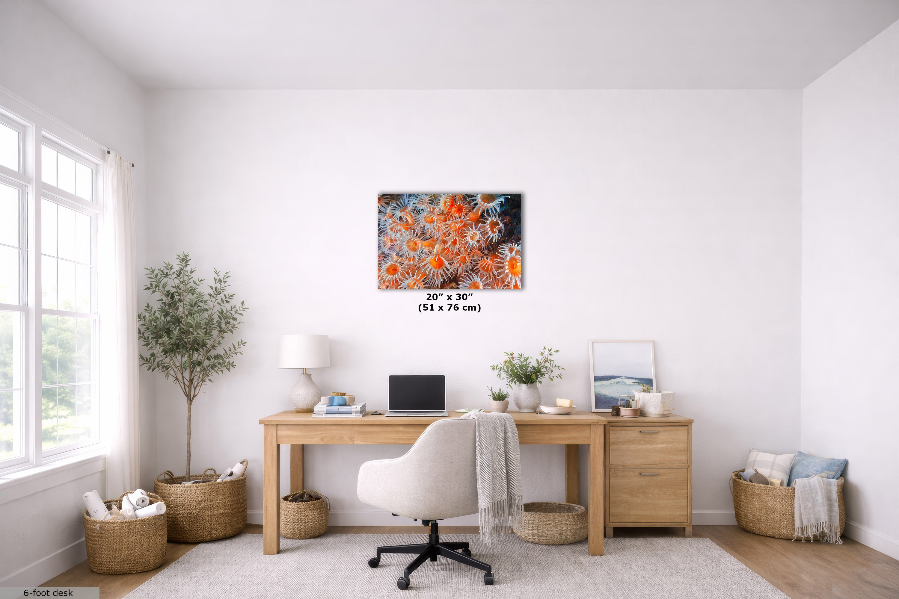 A 20" x 30" (51 x 76 cm) abstract canvas print with vibrant orange, red, and blue patterns, displayed on a white wall in a bright, modern home office setting above a wooden desk.