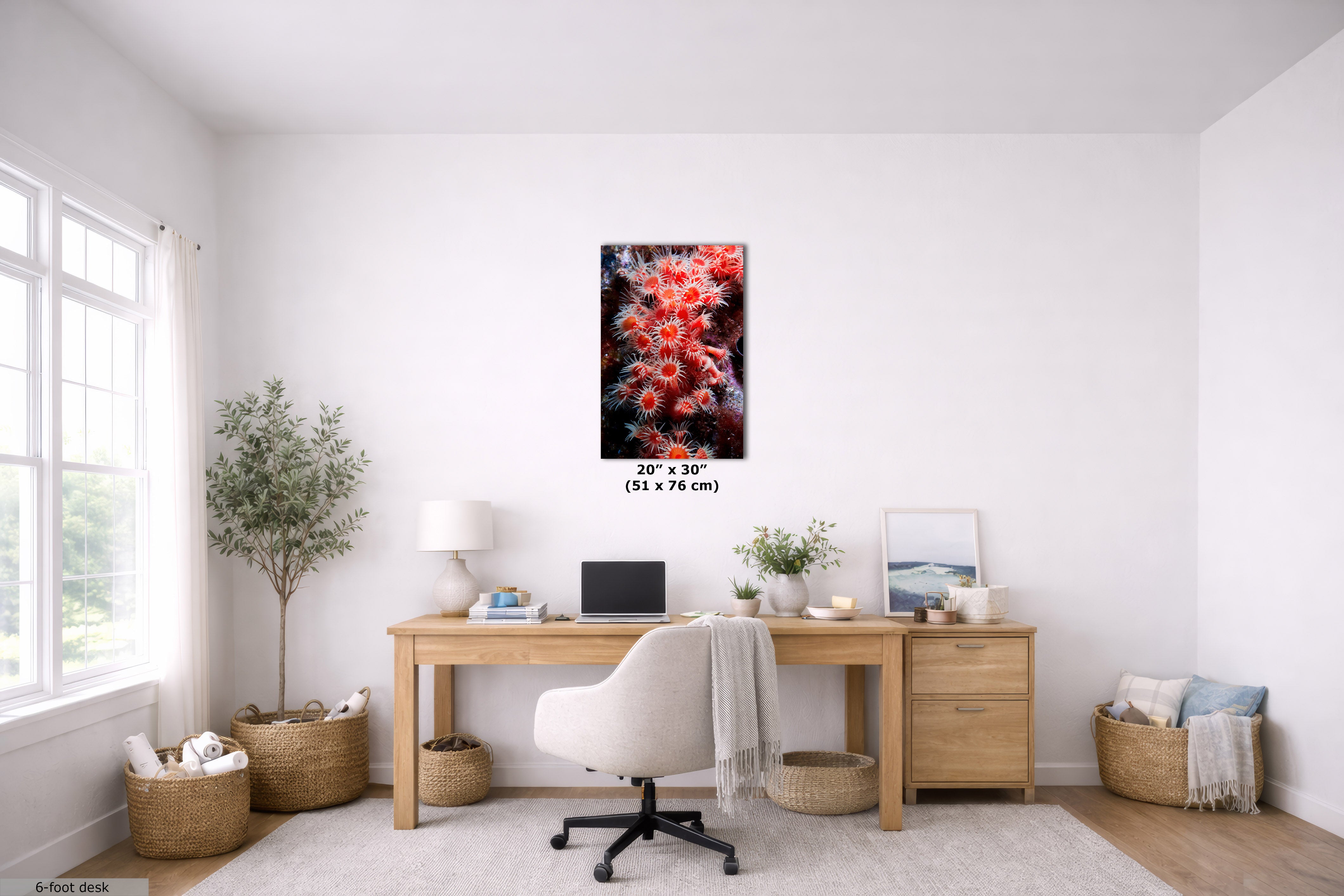 A framed wall art print featuring a close-up of red and black coral, displayed in a bright, modern home office above a wooden desk with a white office chair.
