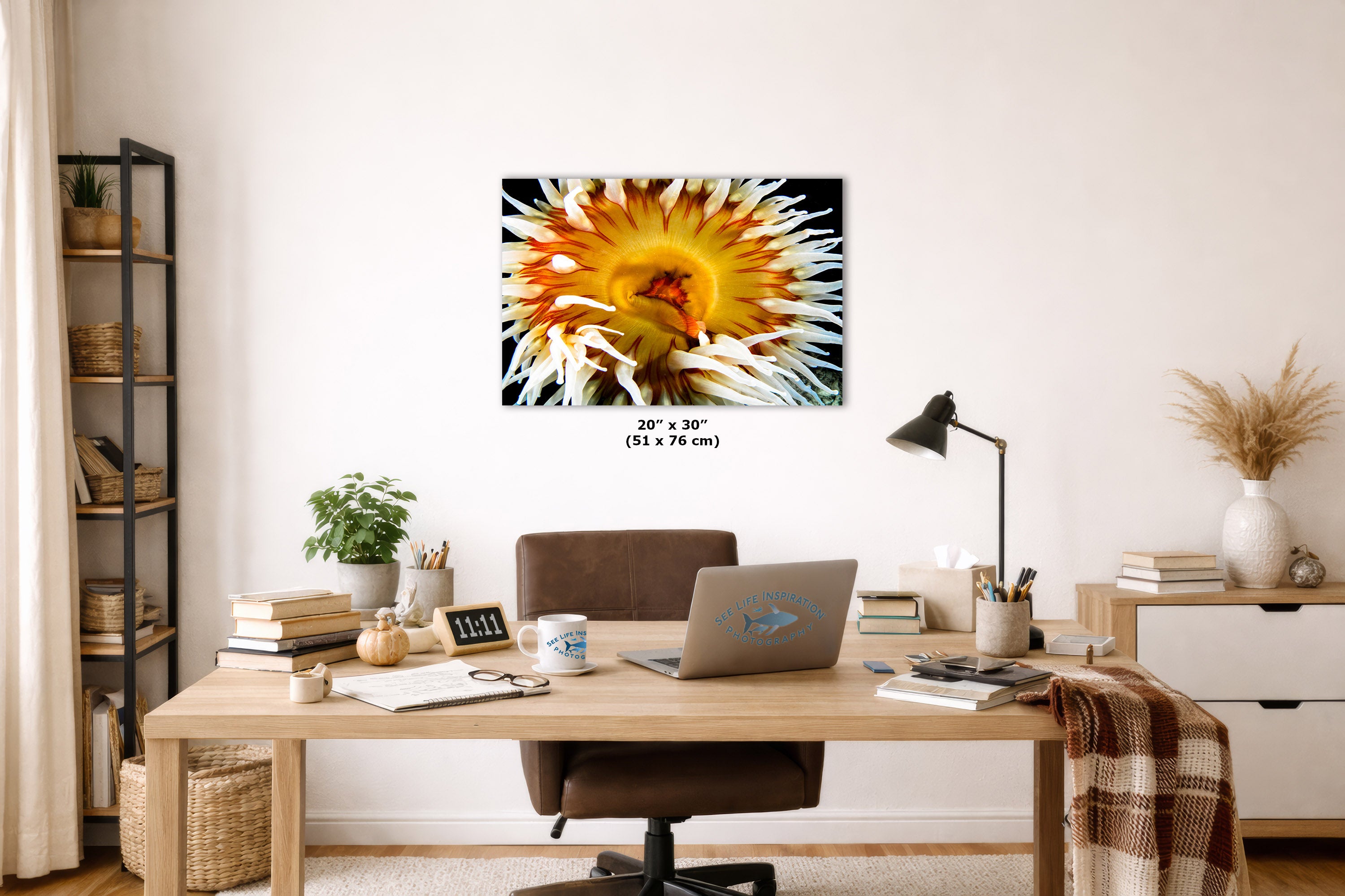 A wall art print featuring a close-up of a yellow and orange anemone, displayed on a white wall above a wooden desk in a styled home office setting.