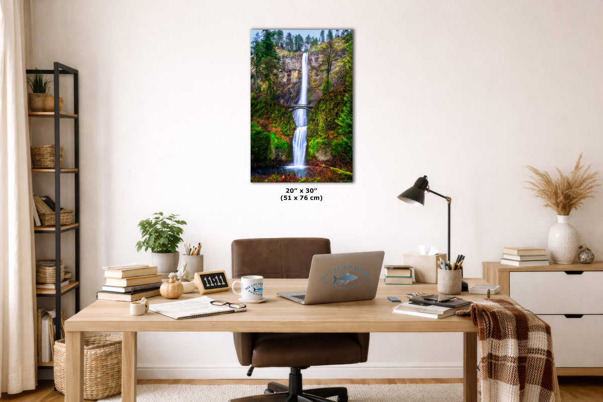Home office with a large wall art print of a waterfall.