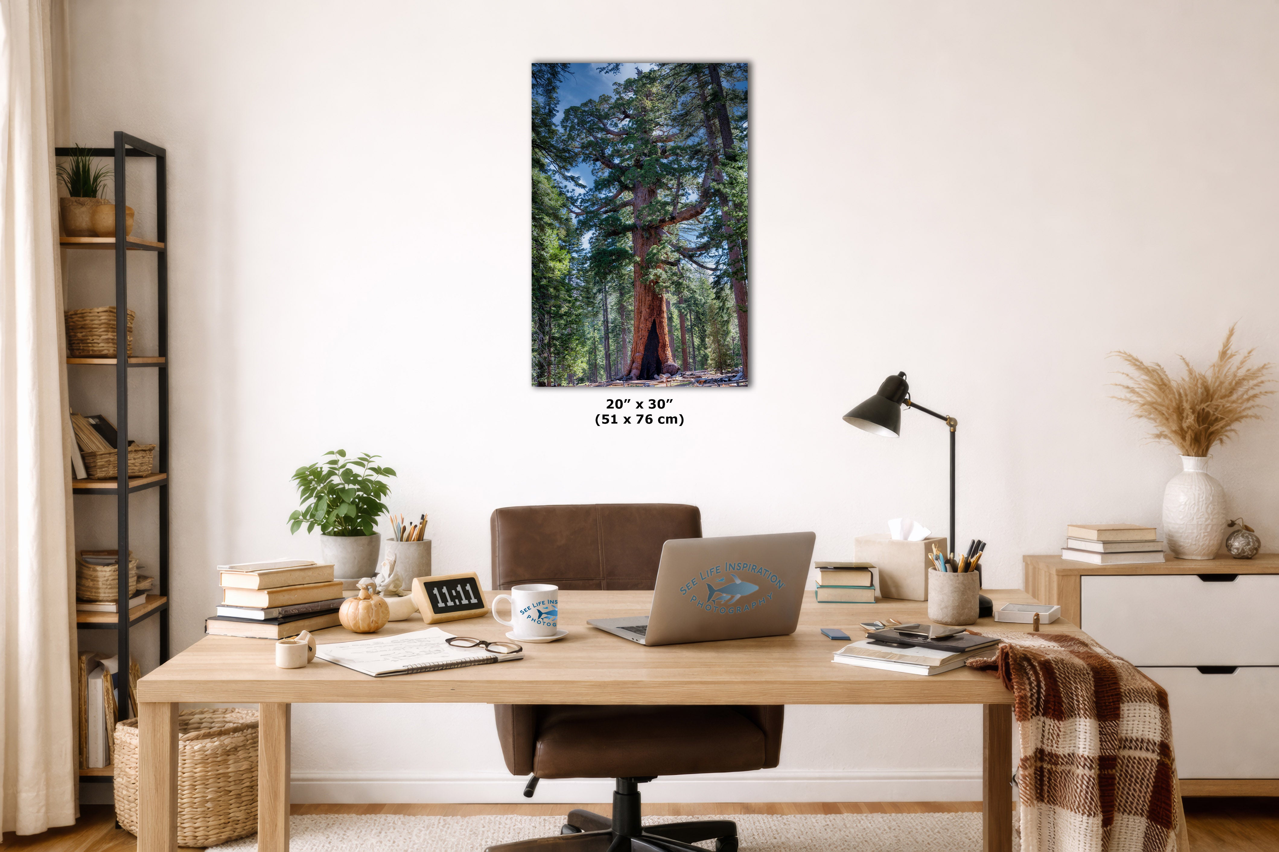 A vertical canvas wall art print depicting a forest with a prominent redwood tree, displayed in a styled home office setting above a wooden desk with a laptop, lamp, and other decor items.