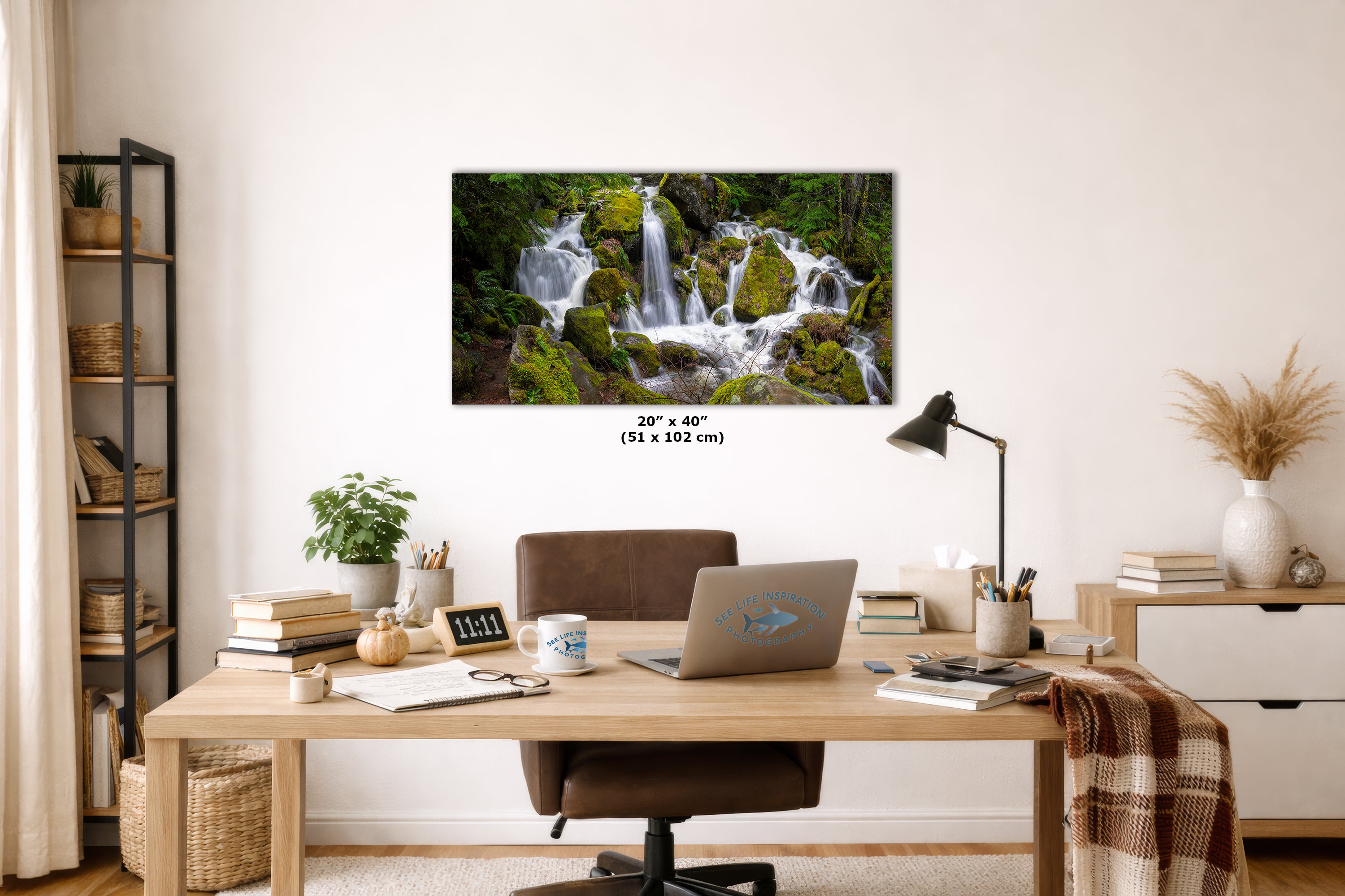 Oregon Pacific Northwest Waterfall Picture Nature Photo Relaxation Artwork in Bohemian Style for Meditation, Office, Apartment, House Decor