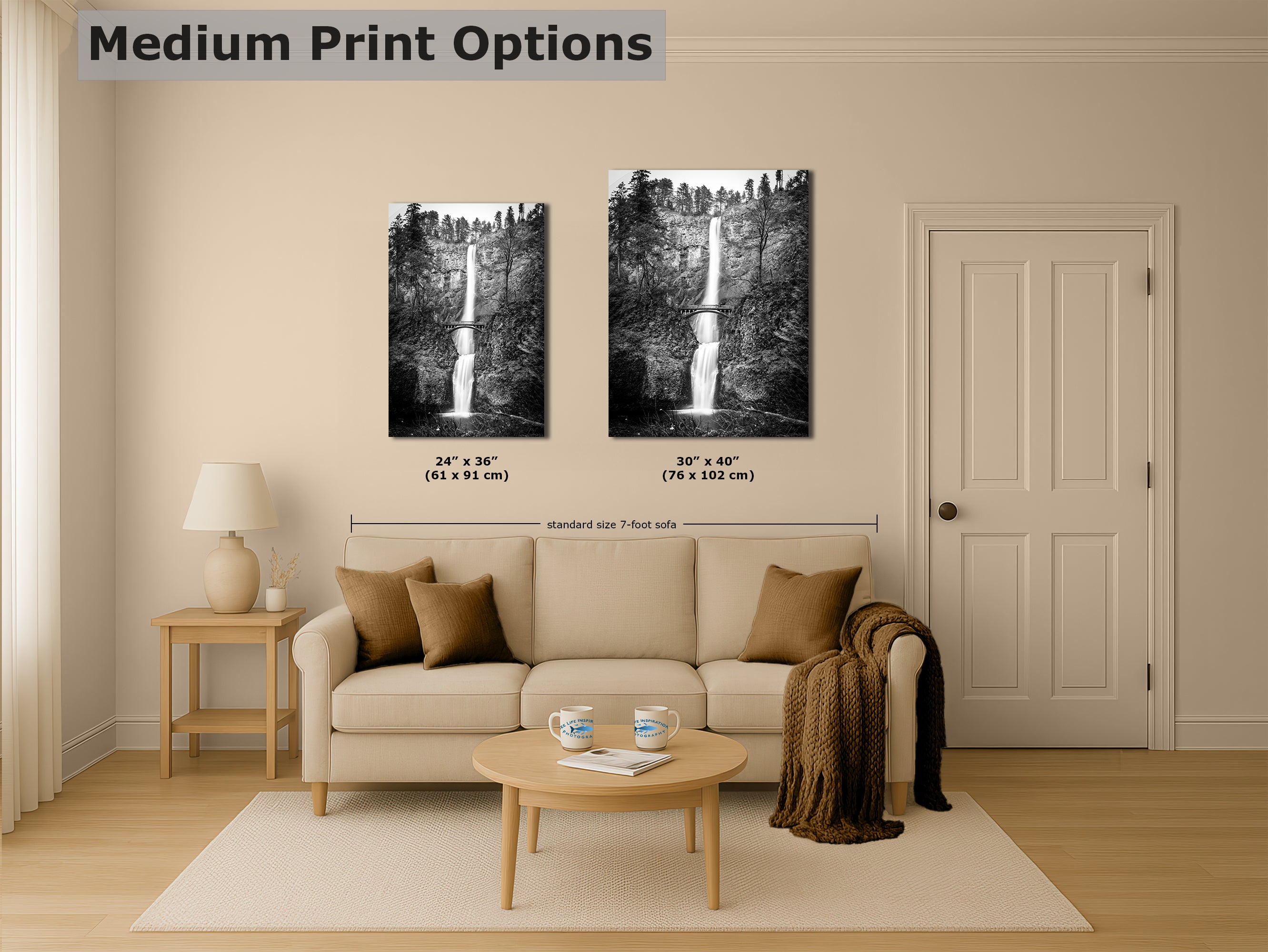 Multnomah Waterfall Picture Nature Photo, Black and White, Pacific Northwest Oregon Picture Relaxation Artwork, Columbia River Gorge for Meditation, House