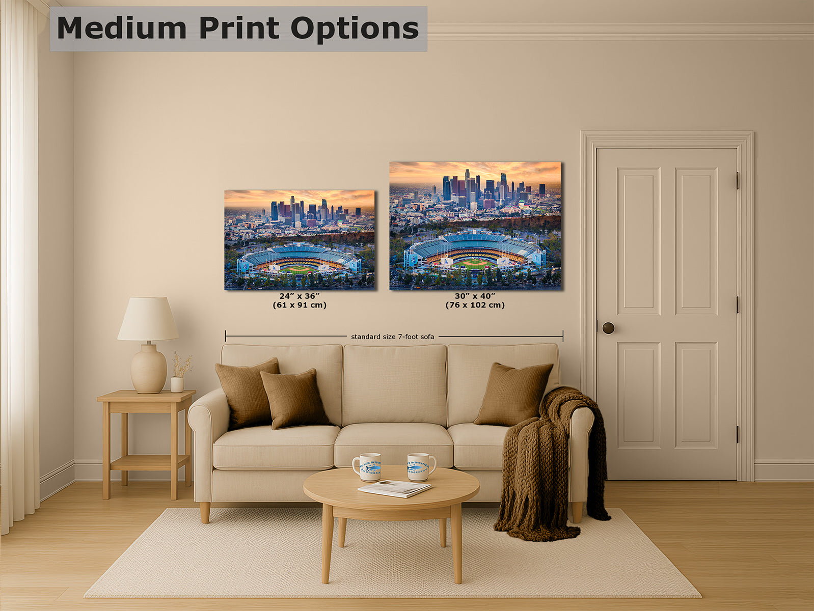 Medium print options, 24x36 / 30x40 of Dodger Stadium and Los Angeles skyline baseball wall art shown above a sofa.