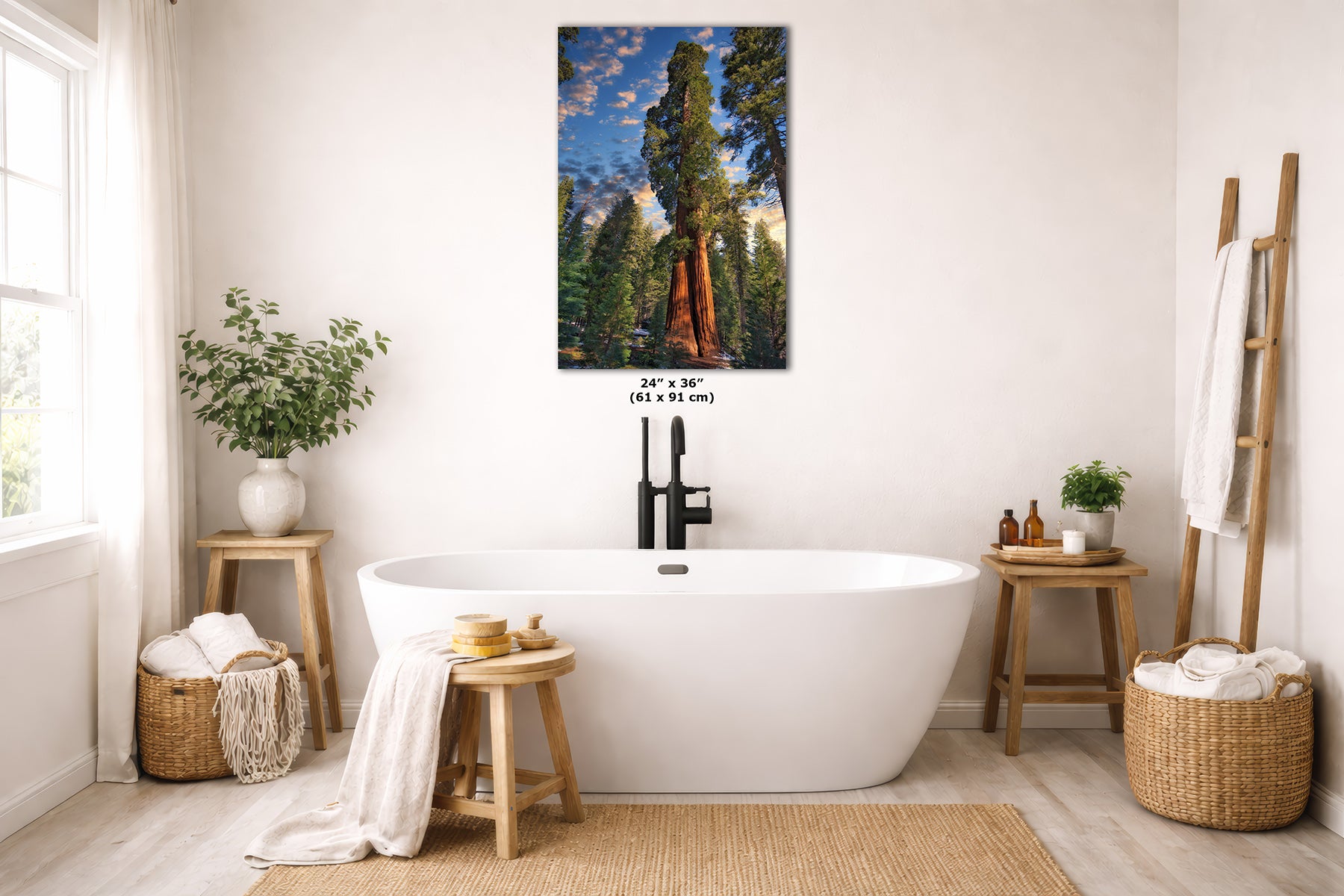 A vertical canvas wall art print depicting giant sequoia trees in a forest, styled in a bright, modern bathroom above a freestanding bathtub. The print includes size markings ('24" x 36"' and '61 x 91 cm') and is shown against a white wall.
