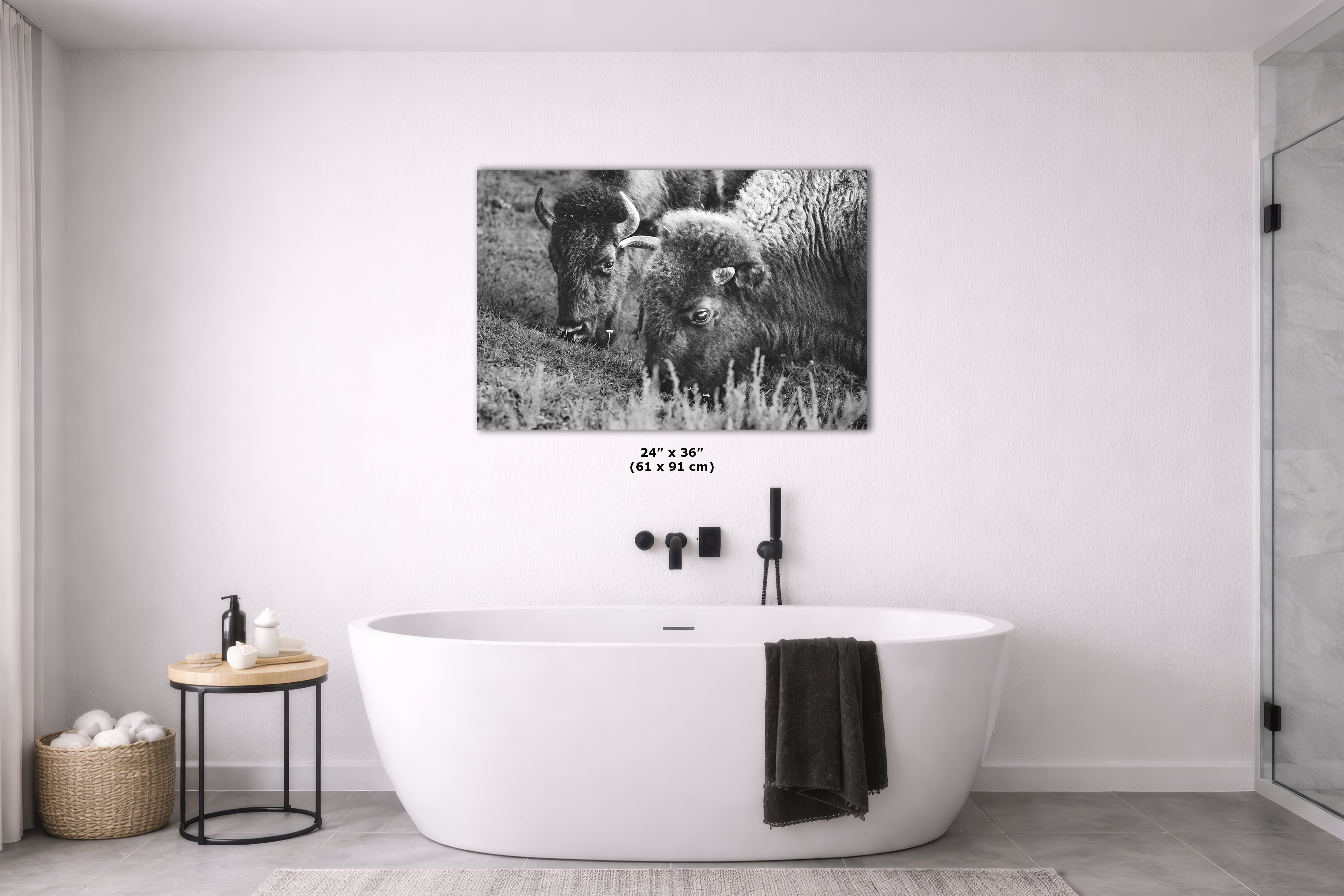 Grazing Buffalo Artwork Wildlife Photography, Black and White Bison Wall Decor, Rustic Cabin Animal Print, Nature Wall Art for Home or Office