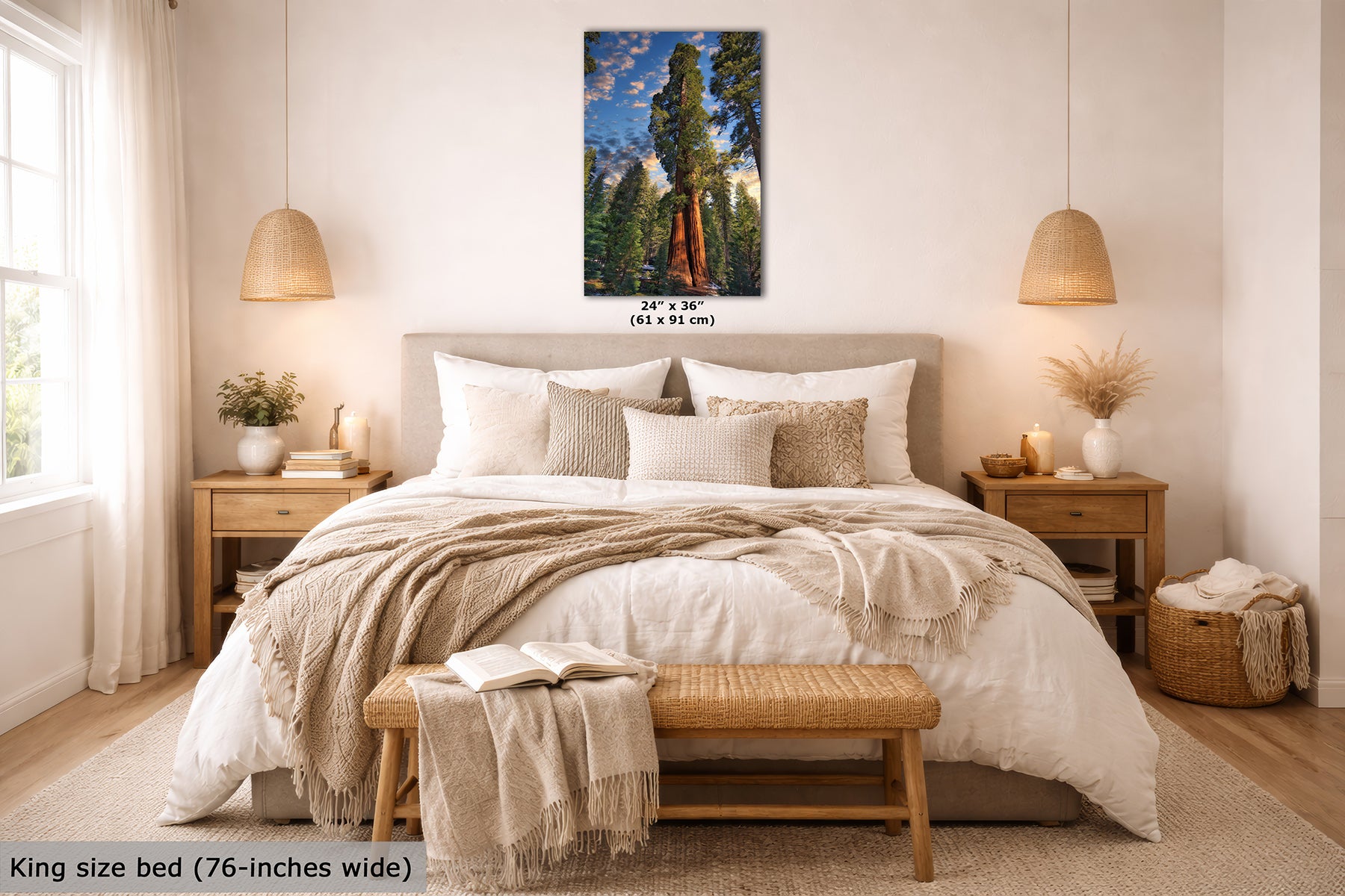 A bedroom scene showing a large vertical wall art print above a neatly made bed. The artwork depicts a Giant Sequoia forest with tall trees and a bright blue sky.
