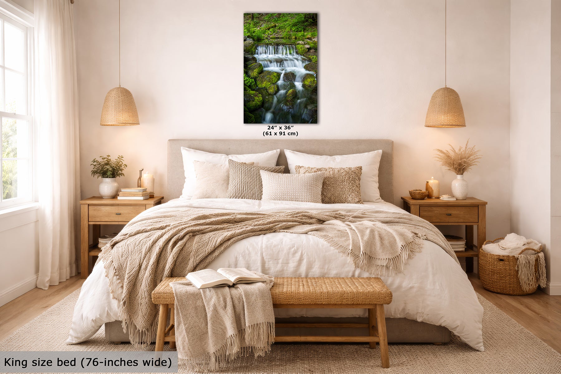 A wall art print showing a lush green waterfall landscape, displayed above a neatly made bed in a bright, modern bedroom. The print includes size text indicating 24 x 36 inches (61 x 91 cm).