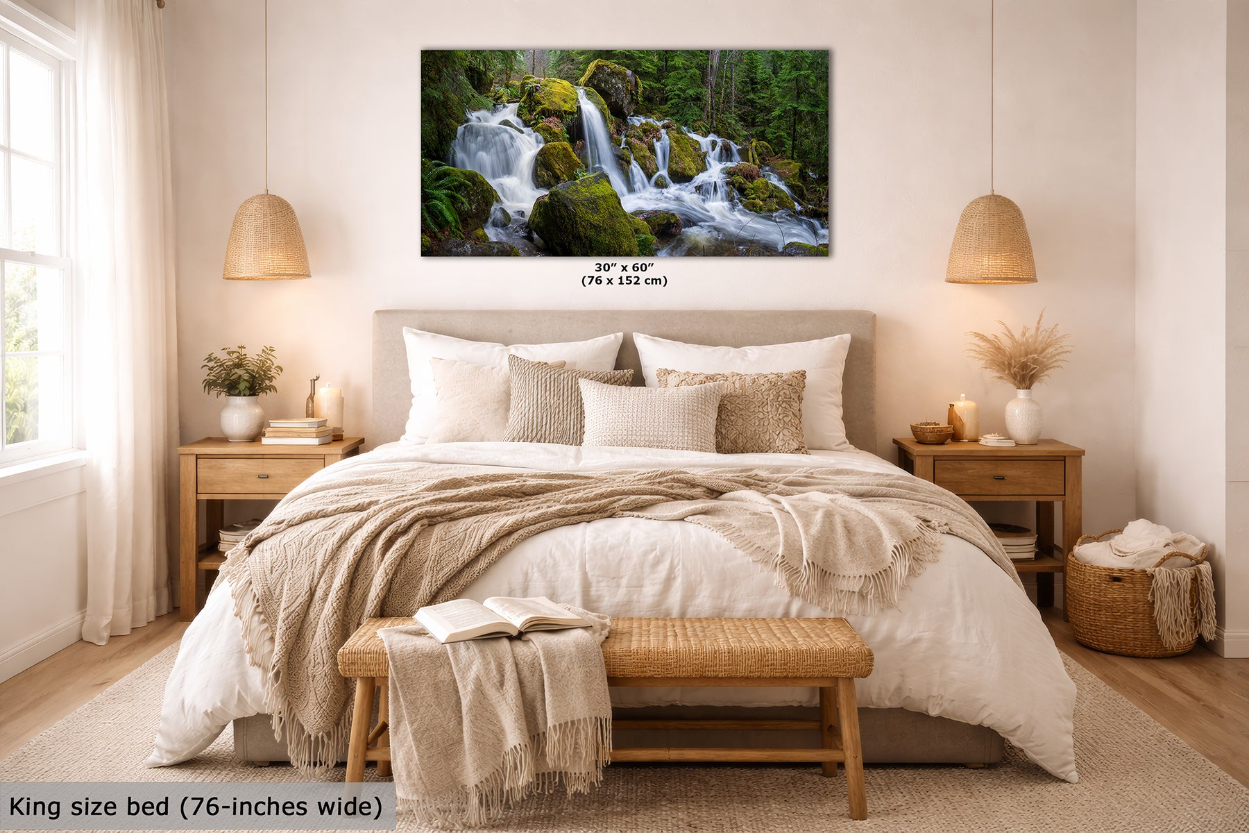 A framed wall art print showing a lush green forest waterfall, displayed above a neatly made bed in a warm, modern bedroom. The print includes size text indicating 30" x 60" (76 x 152 in).