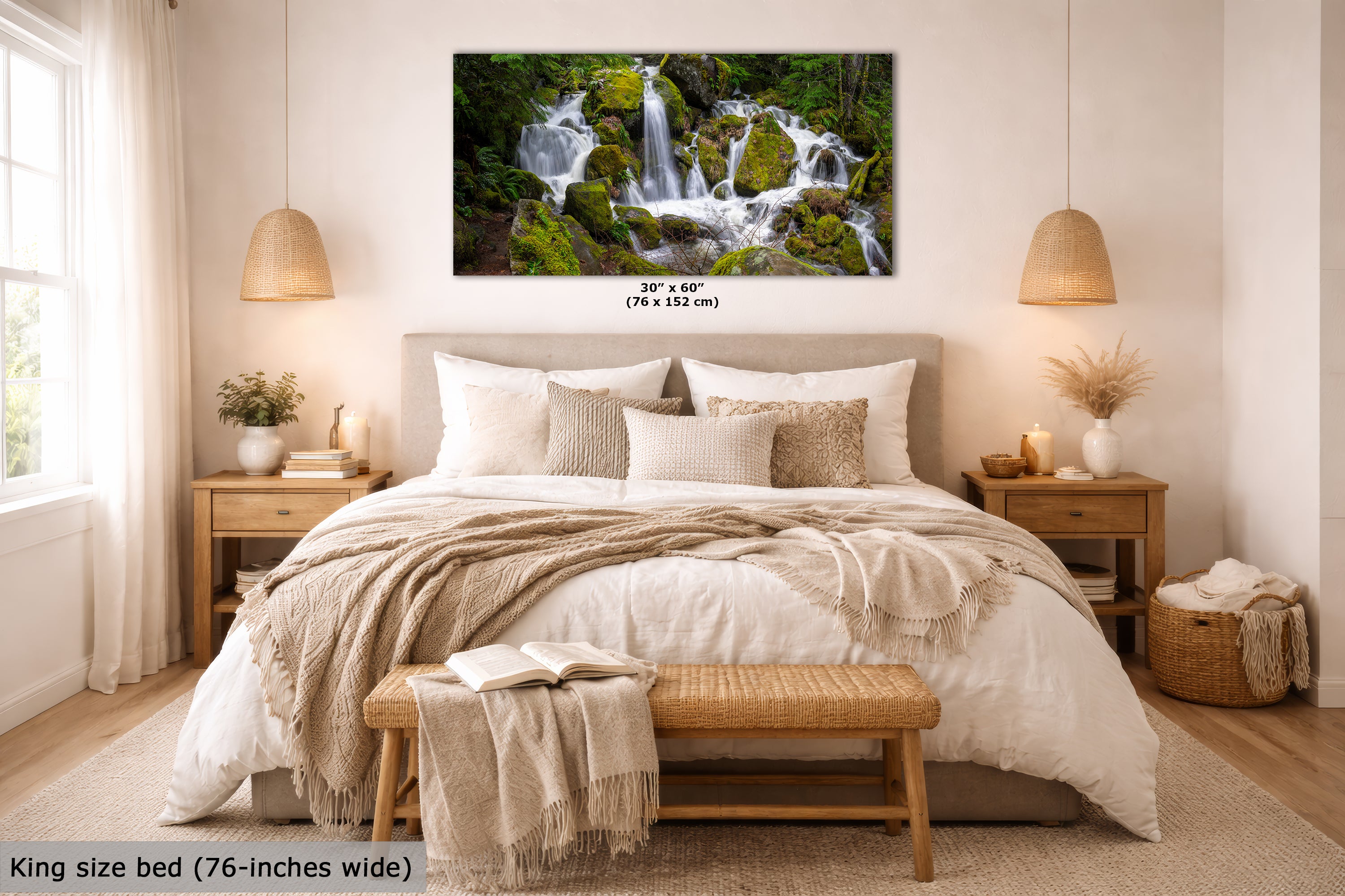 Oregon Pacific Northwest Waterfall Picture Nature Photo Relaxation Artwork in Bohemian Style for Meditation, Office, Apartment, House Decor