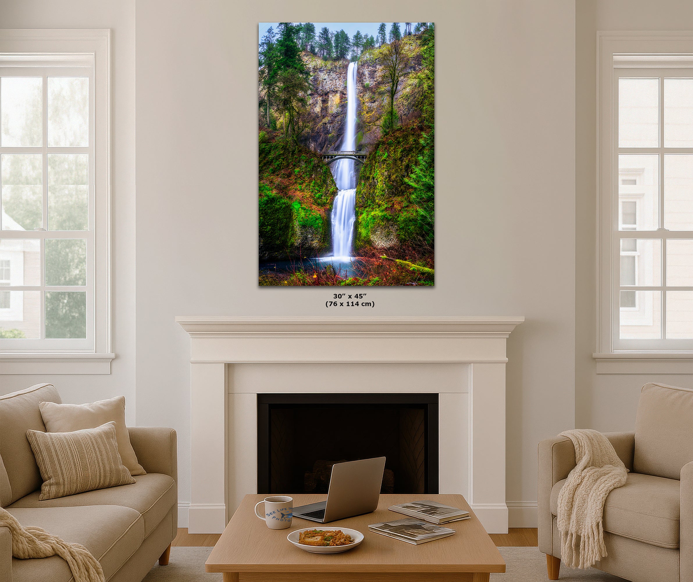 Multnomah Waterfall Picture Nature Photo Wall Art, Pacific Northwest Oregon Relaxation Artwork