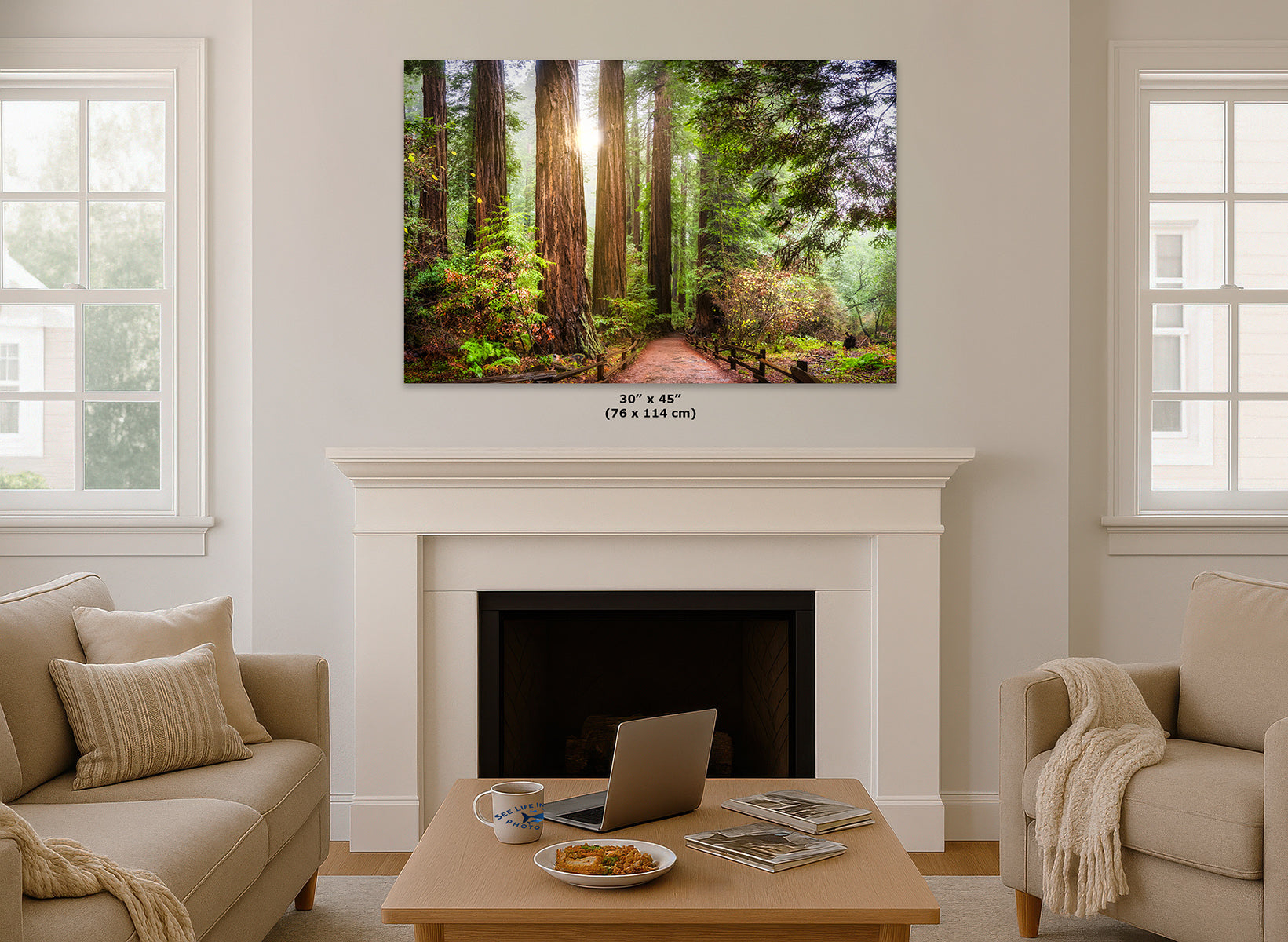 A wall art print showing a sunlit forest path with tall redwood trees, displayed above a white fireplace in a bright living room.