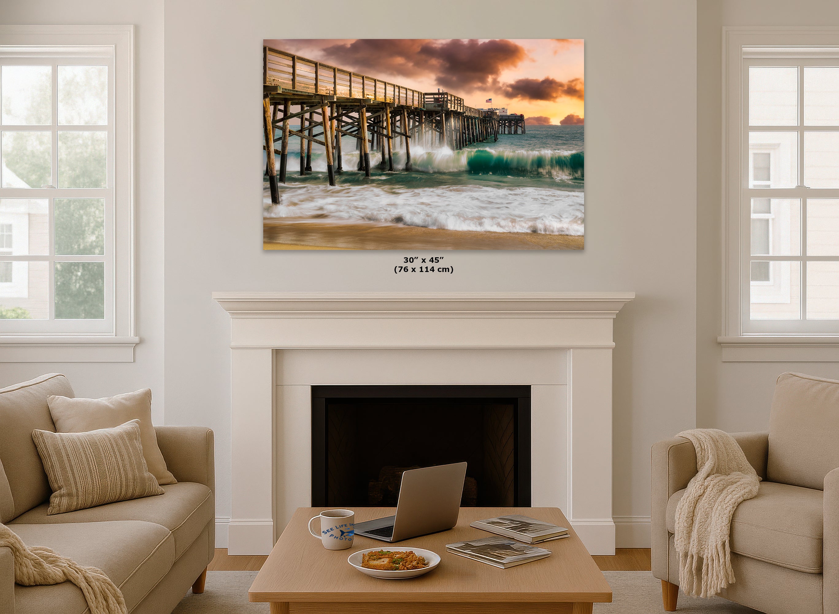 Limited Edition Fine Art Photography Ocean Picture, California Coastline Rolling Waves Under Pier