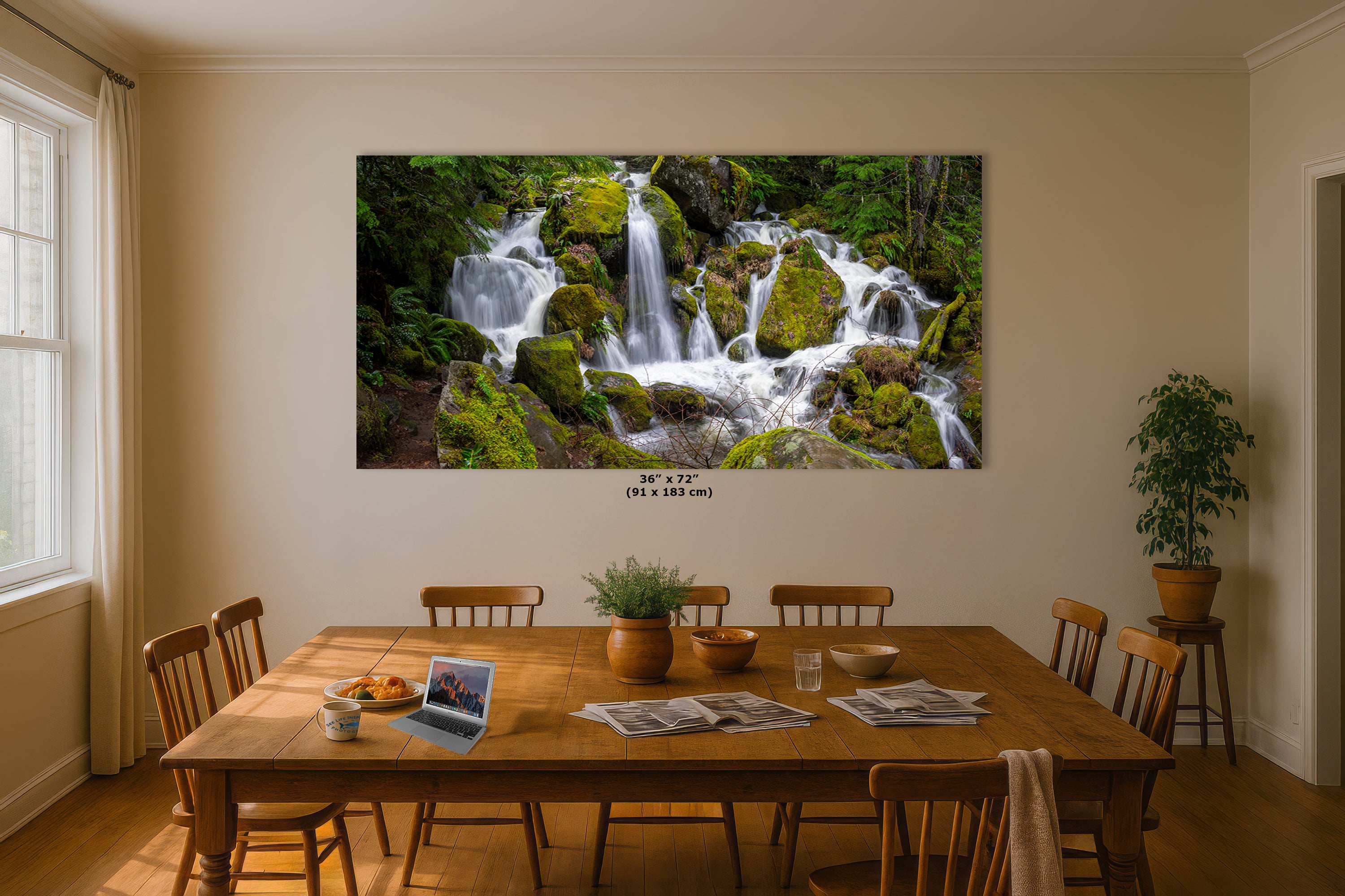 Oregon Pacific Northwest Waterfall Picture Nature Photo Relaxation Artwork in Bohemian Style for Meditation, Office, Apartment, House Decor