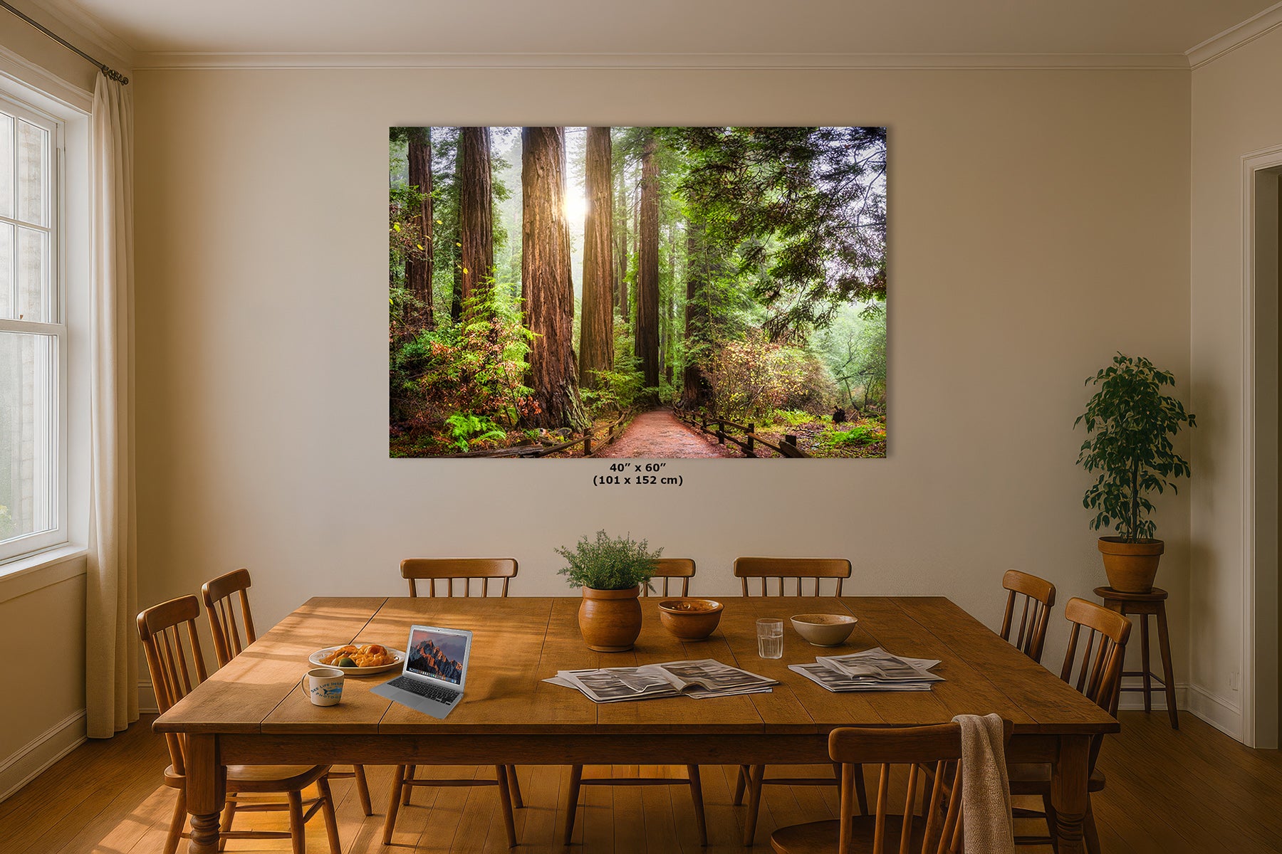 A large rectangular wall art print depicting a sunlit California Redwood forest path with tall trees and greenery, displayed above a wooden dining table in a real room with chairs, plants, and windows.