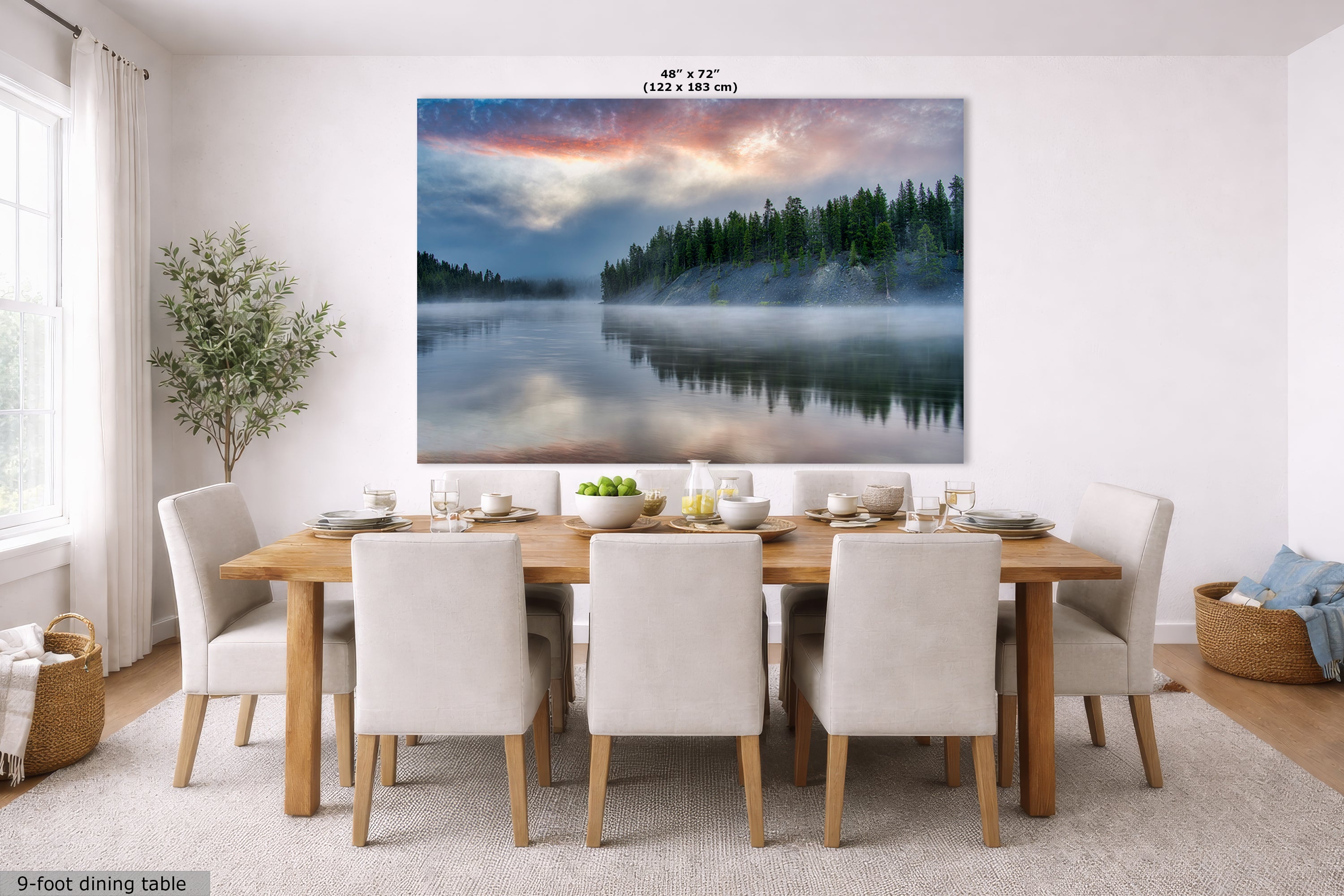 Yellowstone Lake Foggy Forest Picture, Reflection Nature Photo, Wyoming Landscape Relaxation Artwork for Meditation, Office & Home Decor
