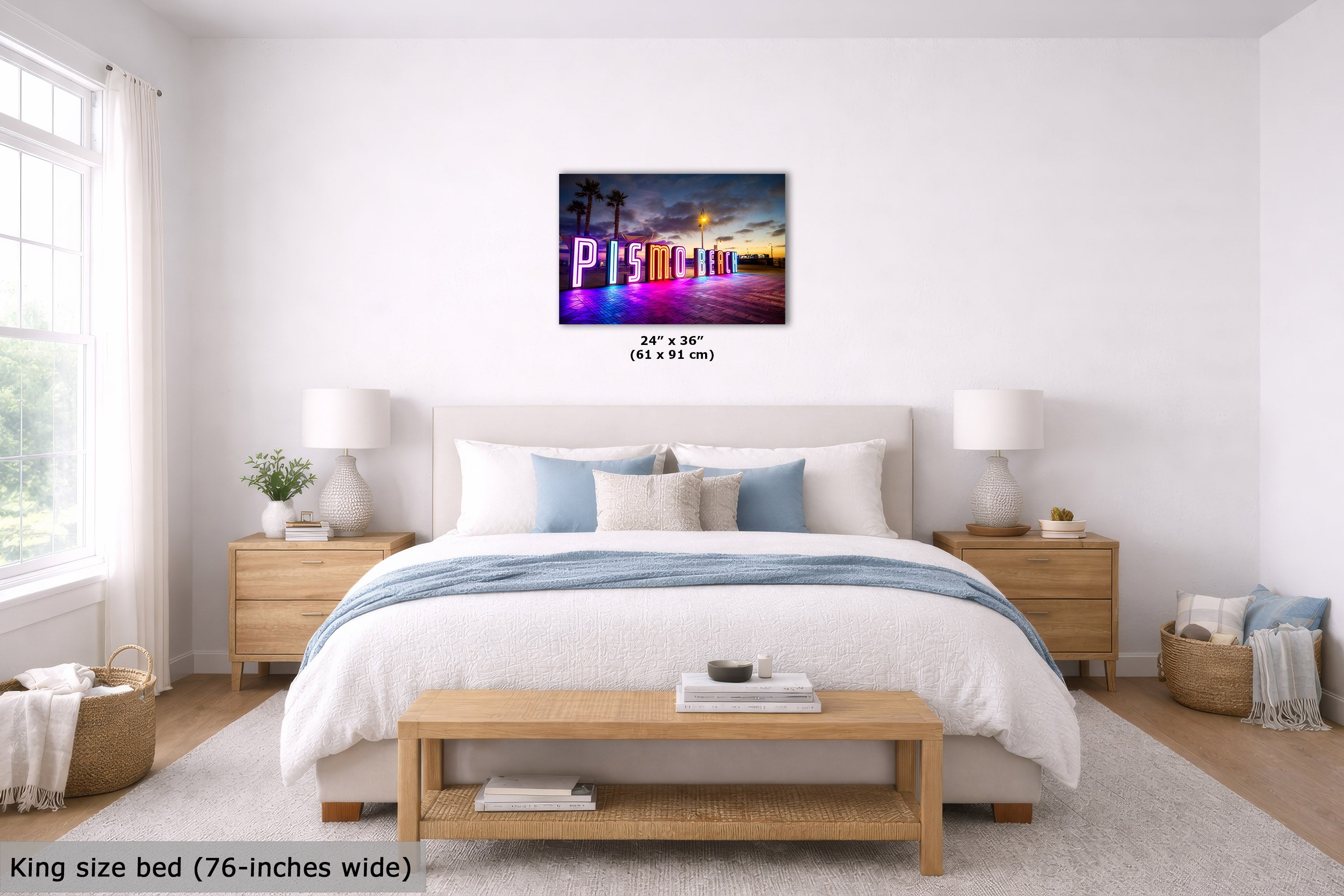 A bedroom mockup showing a colorful rectangular wall art print above a bed. The print depicts a vibrant night city scene with neon lights and palm trees.