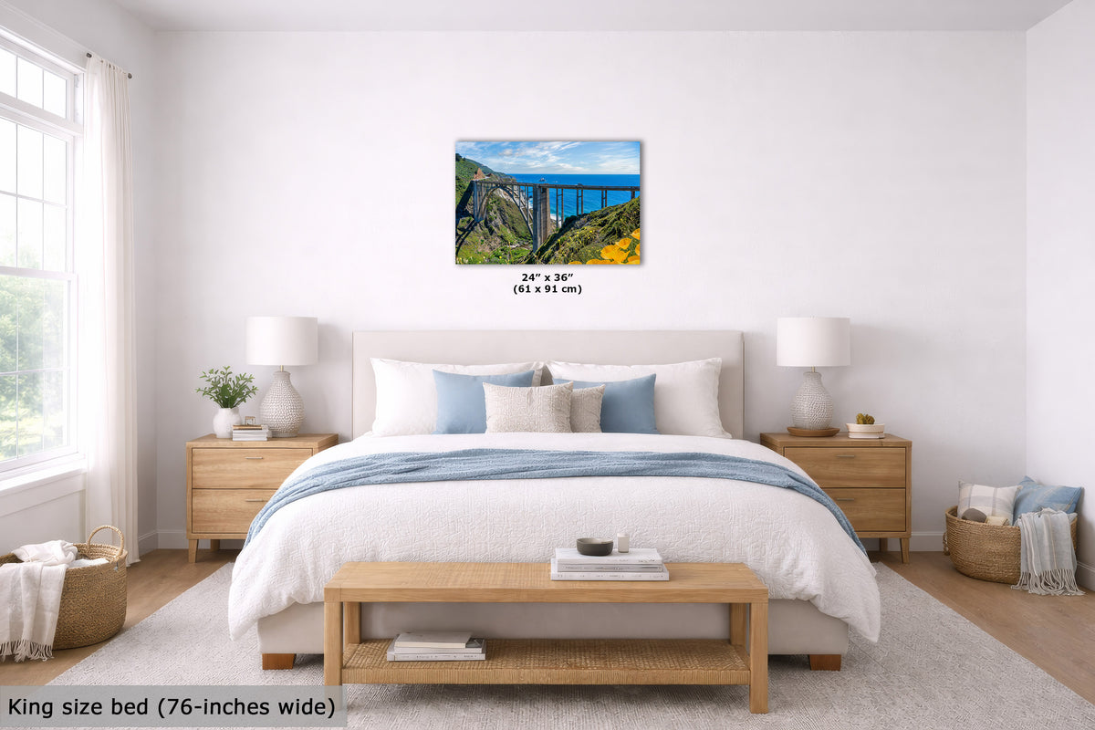Modern bedroom with a King size bed, wooden nightstands, and a scenic wall art print.