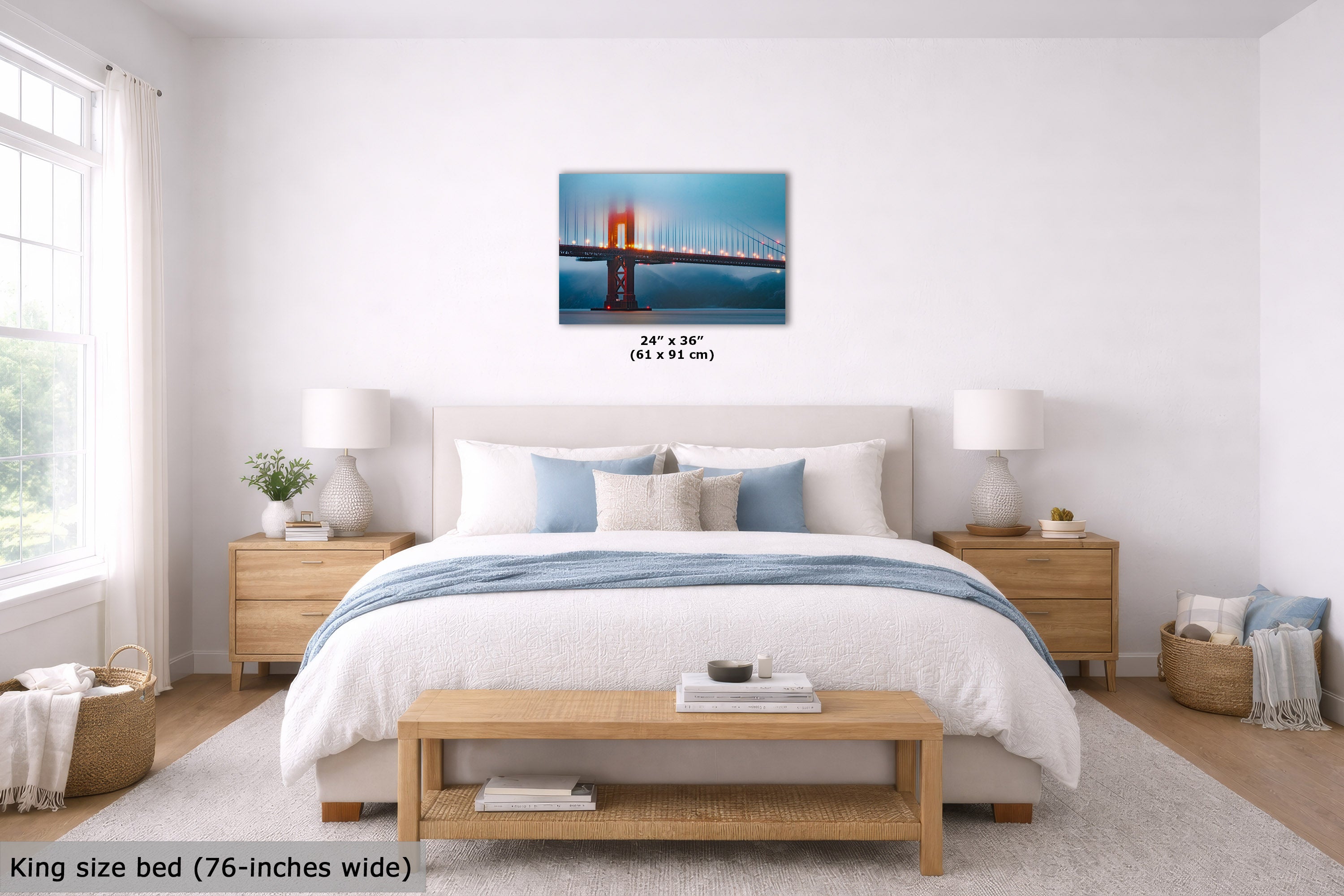 A wall art print depicting San Francisco's Golden Gate Bridge is displayed above a neatly made bed in a bright, modern bedroom. The print is shown as a 24 x 36 inch canvas, with dimensions overlaid on the image.