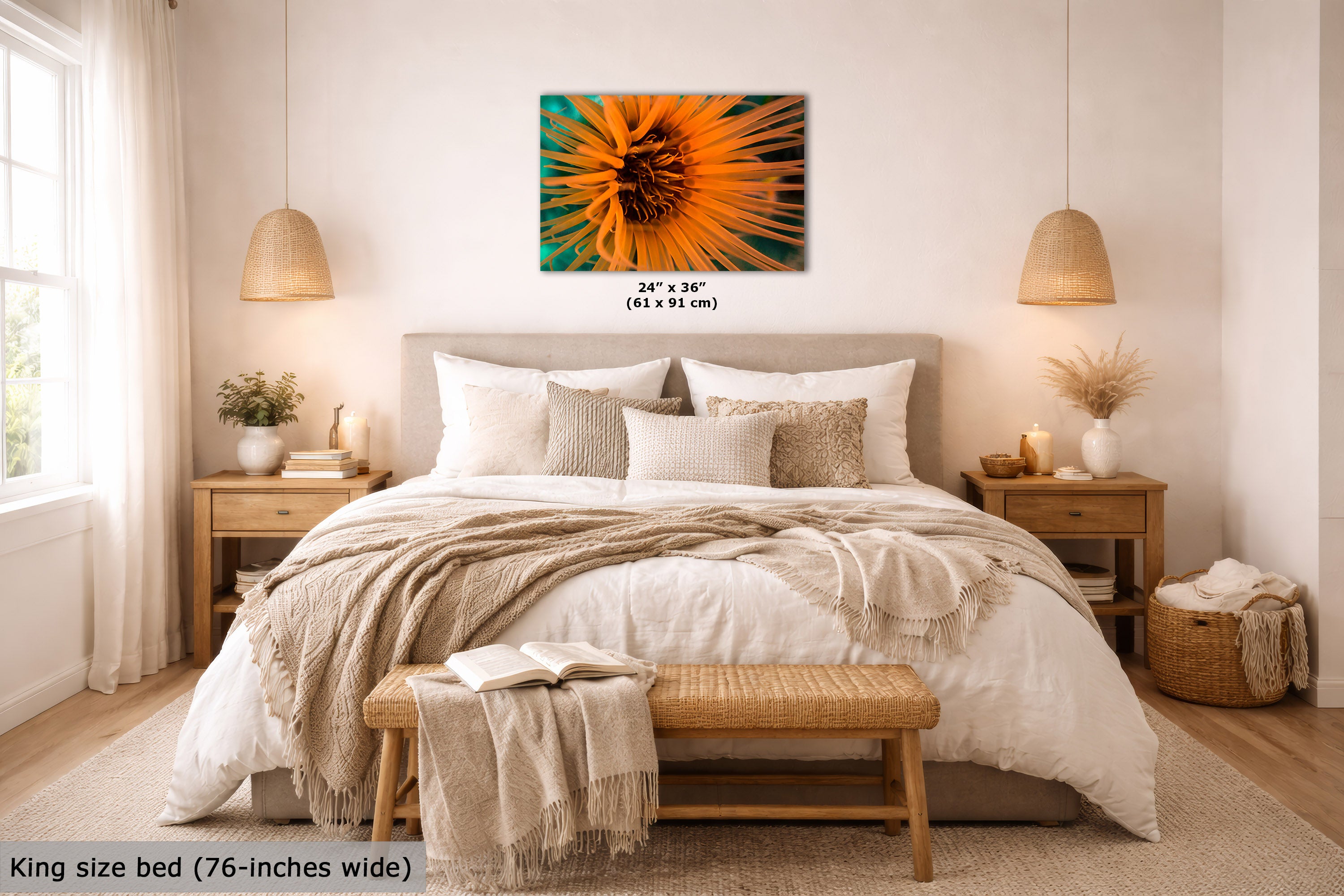 A wall art print displayed above a neatly made bed in a bright, modern bedroom. The print includes size text reading 24 x 36 inches (61 x 91 cm).