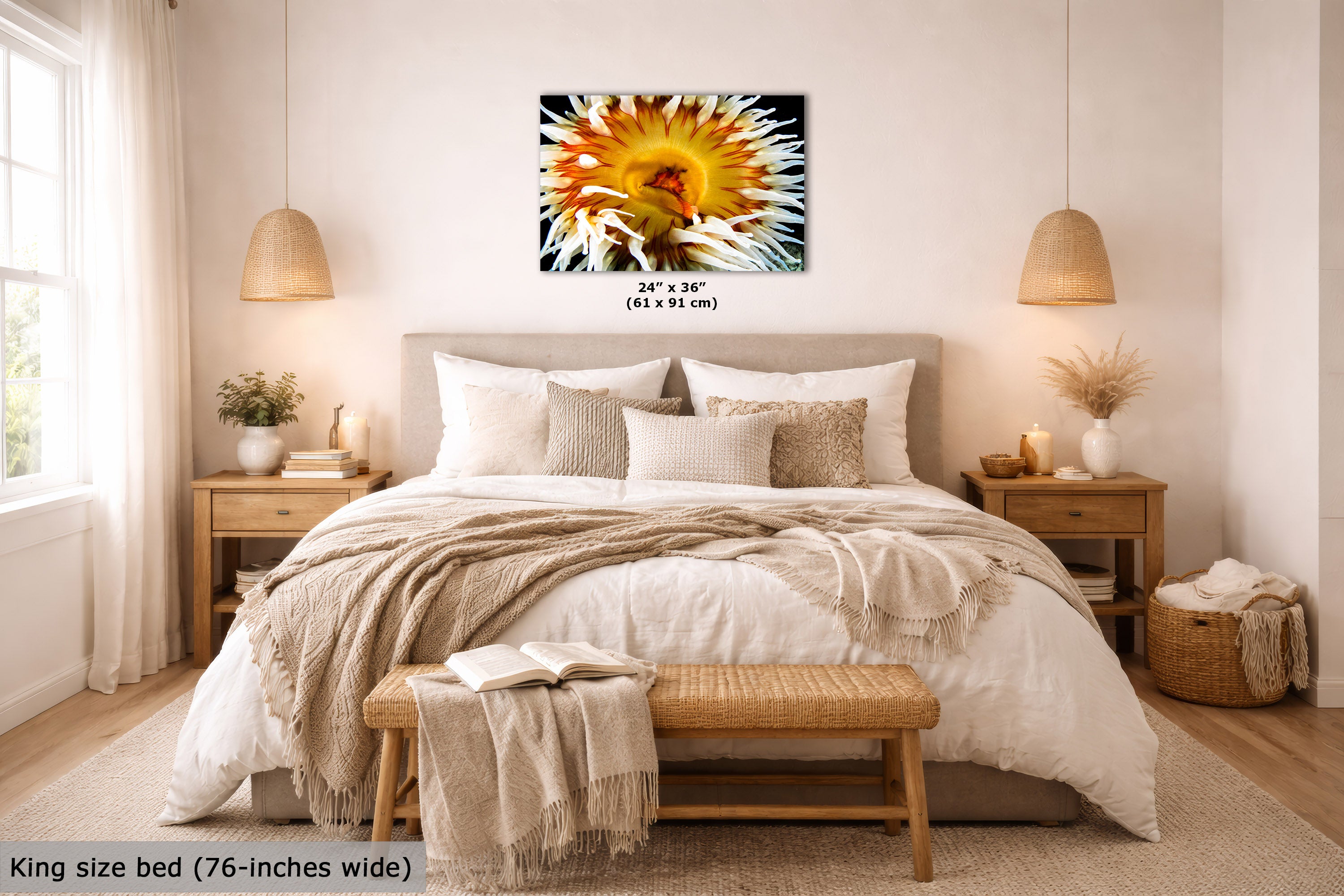 A wall art print featuring a close-up underwater scene, displayed above a neatly made bed in a bright, modern bedroom. The print includes size text reading 24 x 36 inches.