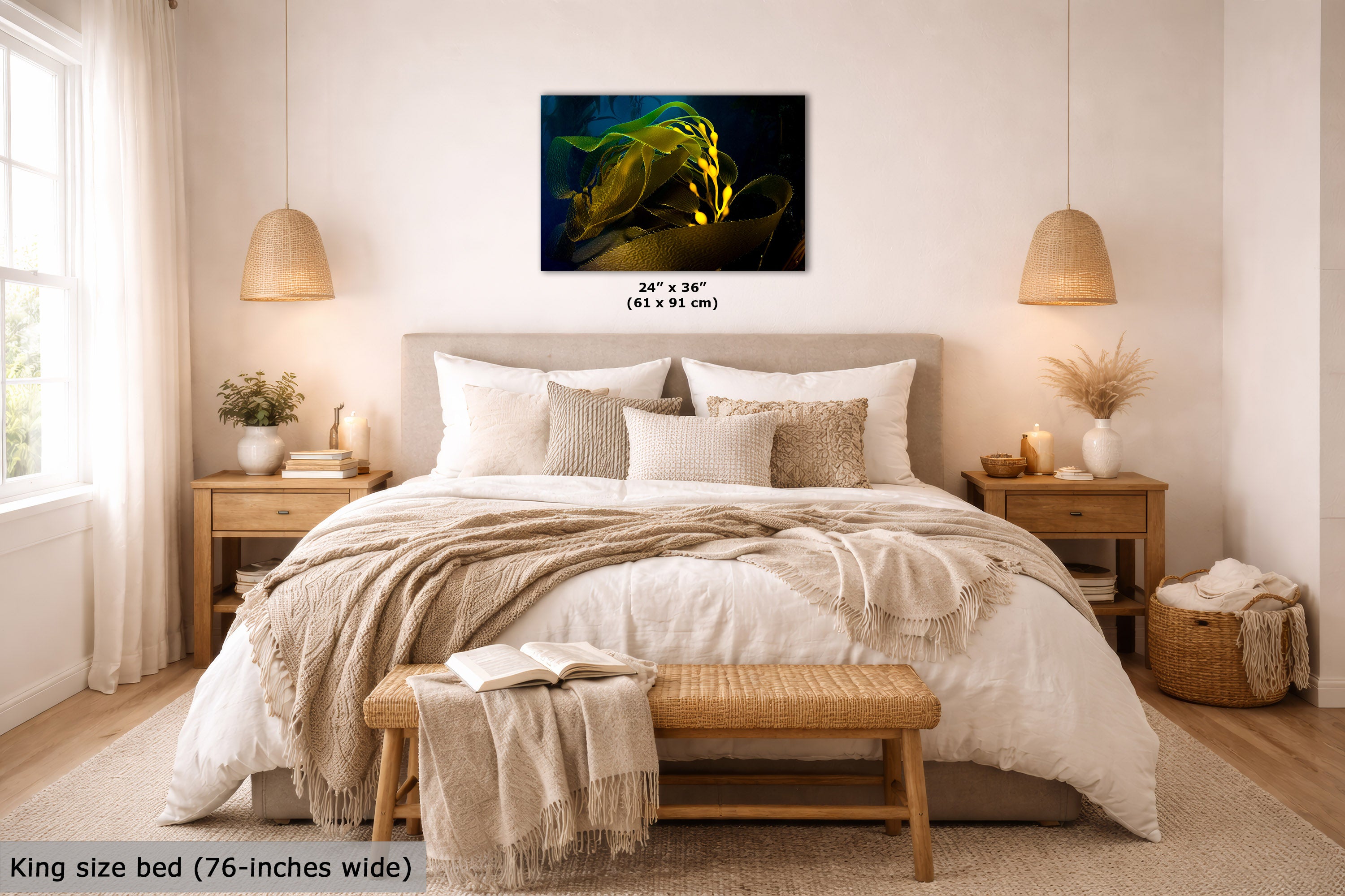 A wall art print showing a glowing green kelp on a dark background, displayed above a neatly made bed in a bright, modern bedroom. The print includes size text reading 24 x 36 inches (61 x 91 cm).