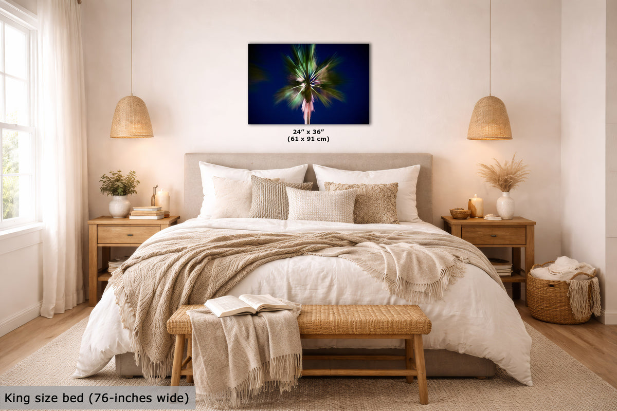 A wall art print displayed above a neatly made bed in a bright, modern bedroom. The print includes size text reading 24 x 36 inches (61 x 91 cm).
