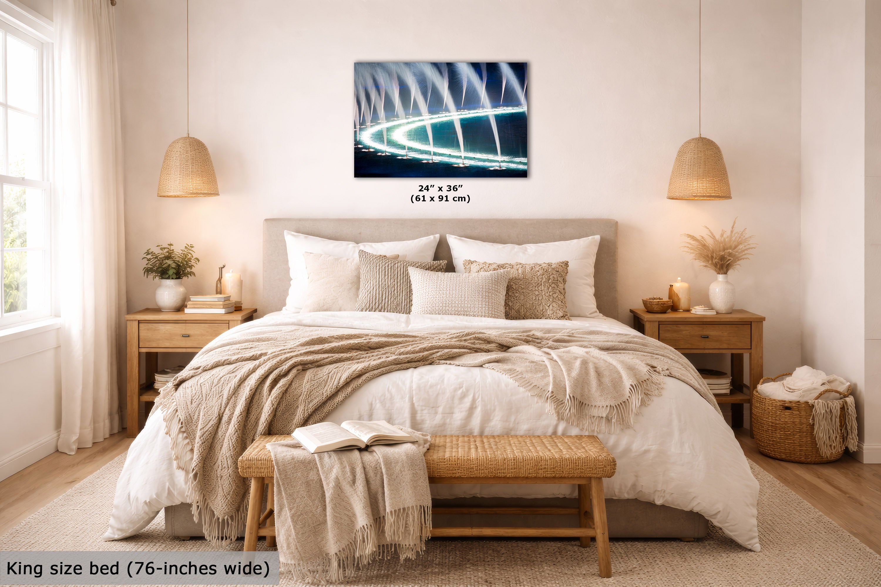 A wall art print showing a glowing blue circular tunnel or tunnel-like light effect, displayed above a neatly made bed in a bright, neutral-toned bedroom. The print includes size text reading 24 x 36 inches (61 x 91 cm).