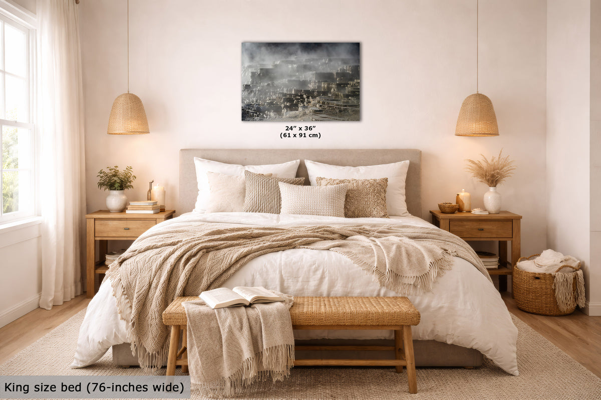 A wall art print showing moody gray tones, displayed above a neatly made bed in a warm, modern bedroom. The print includes size text reading 24 x 36 inches (61 x 91 cm).