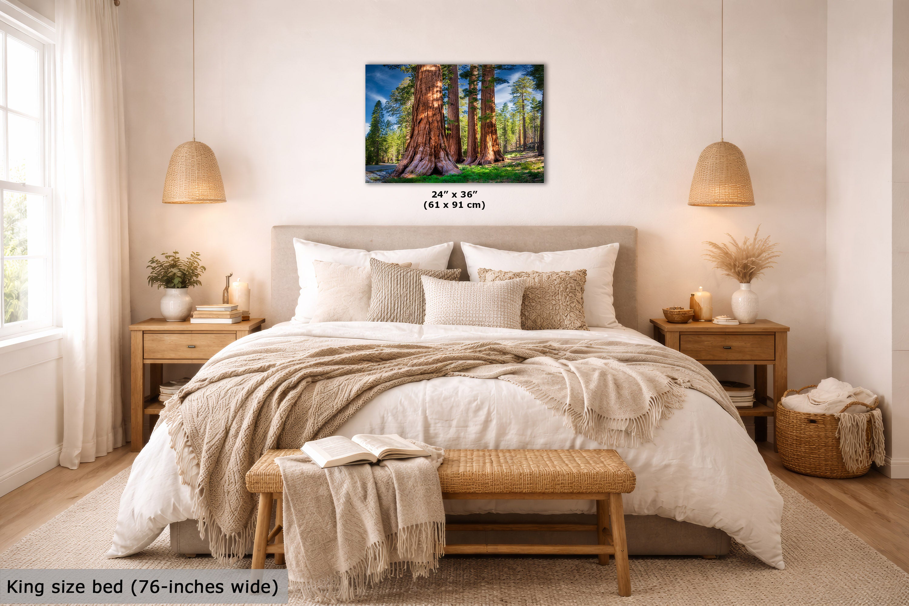 A framed vertical forest canvas print featuring tall redwood trees, styled in a modern bedroom above a king-size bed. The image includes size and width text overlays.