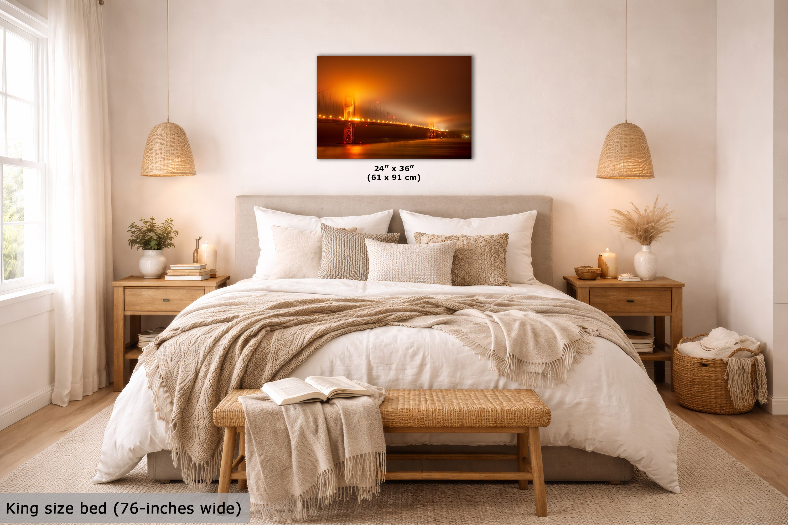A wall art print showing a glowing orange night bridge over water, displayed above a neatly made bed in a warm, modern bedroom. The print includes size text reading 24" x 36" (61 x 91 cm).